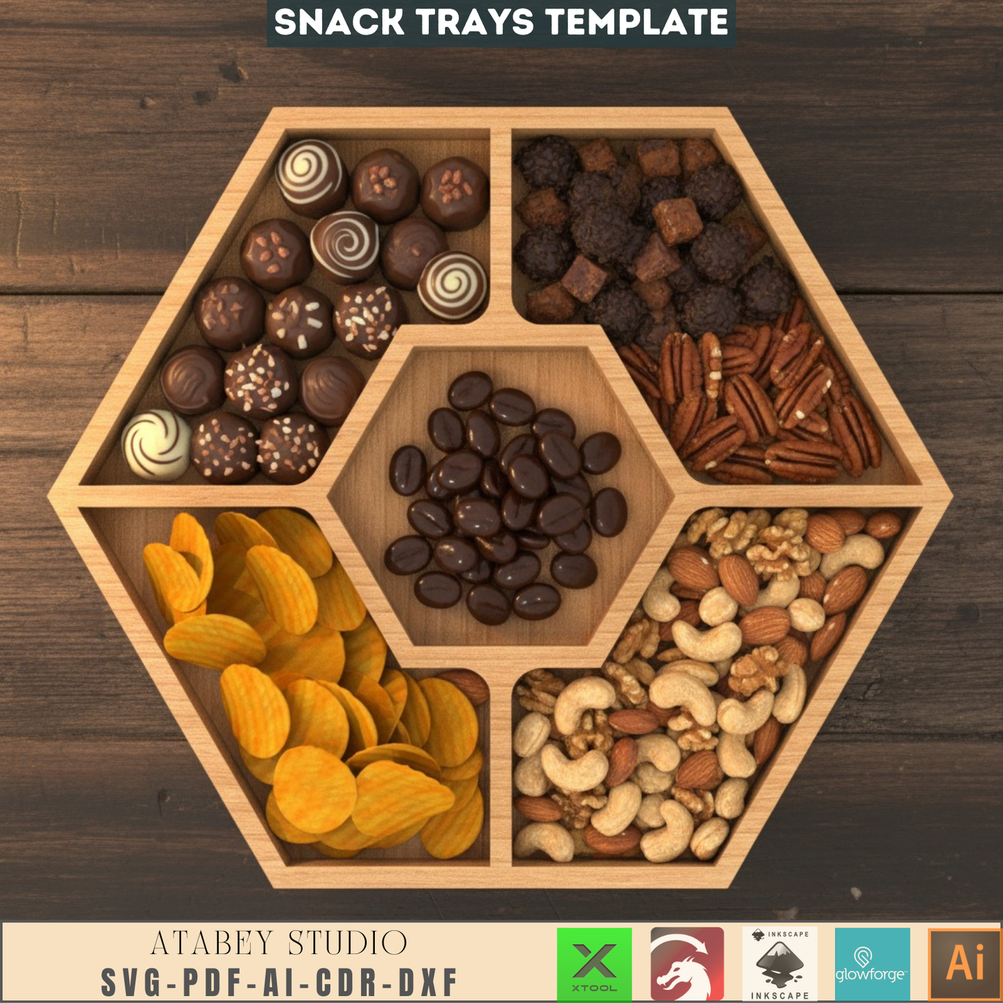 Laser Cut Hexagon Snack Server SVG, Modular Food Tray DXF, Elegant Candy Dish AI, Party Platter Glowforge File