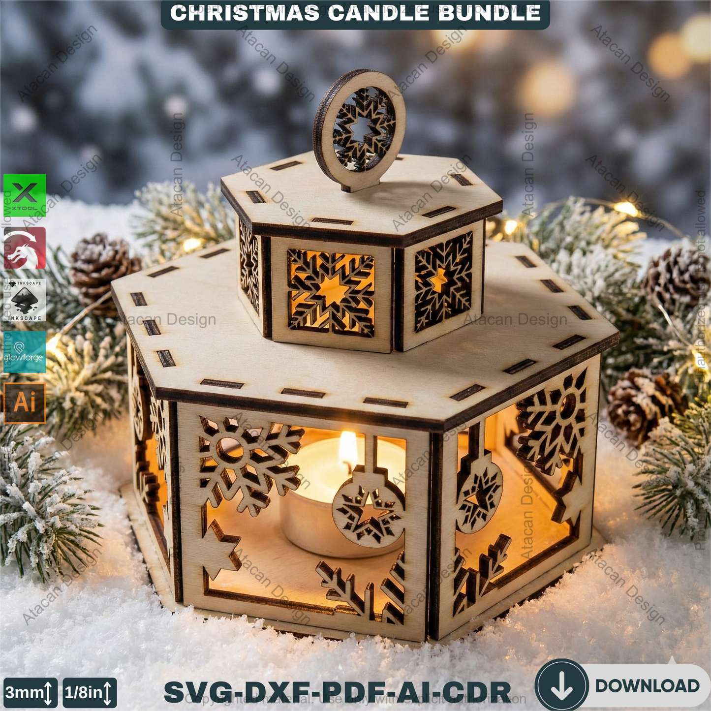 Christmas Candle Holders - Lanterns With Lid - Tealight Laser Cut Lamp Designs - Night Light Decoration 922