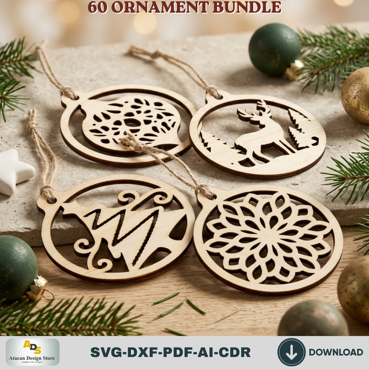 Laser Cut Christmas Ornament Bundle 60 Designs, Wooden Baubles and DIY Tree Decorations