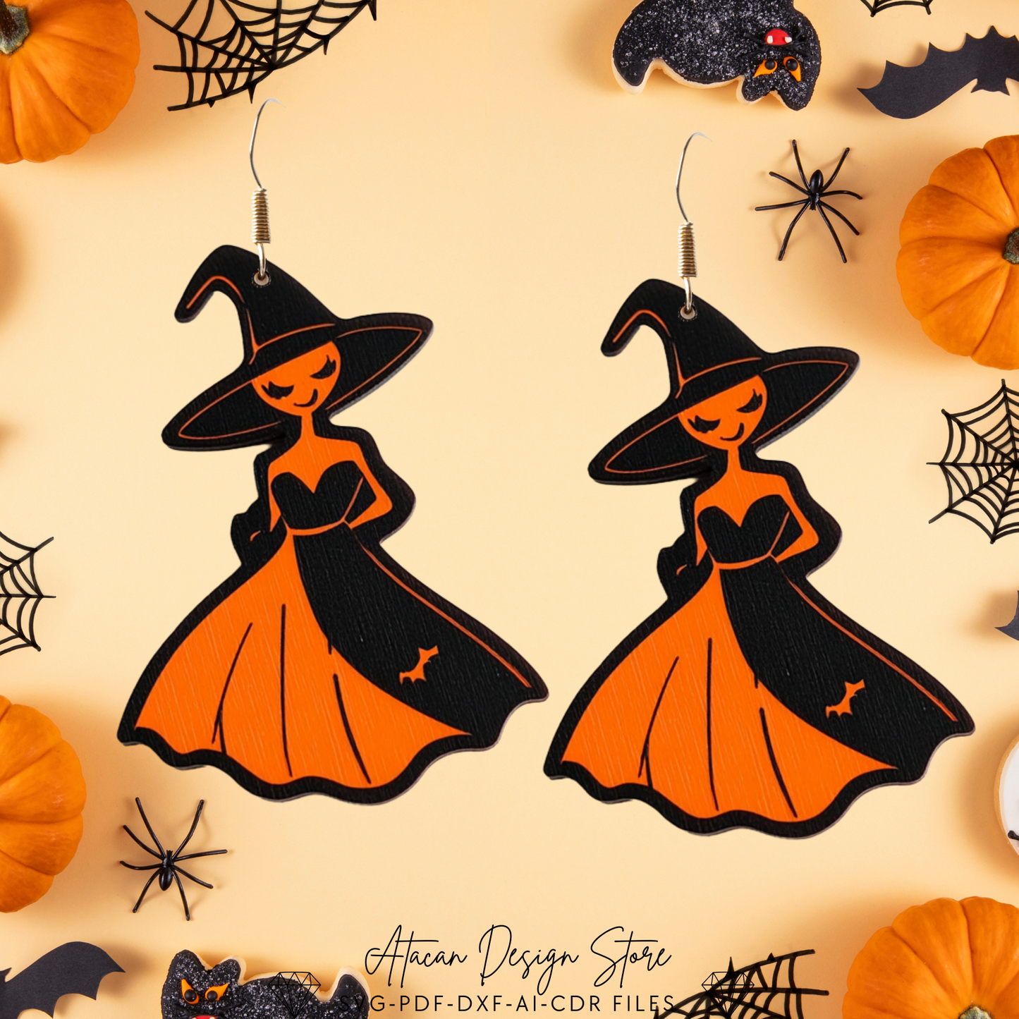 Spooky Halloween Earring Templates - Witch Hat, Pumpkin Faces, and Webs for Laser Cut Projects 719