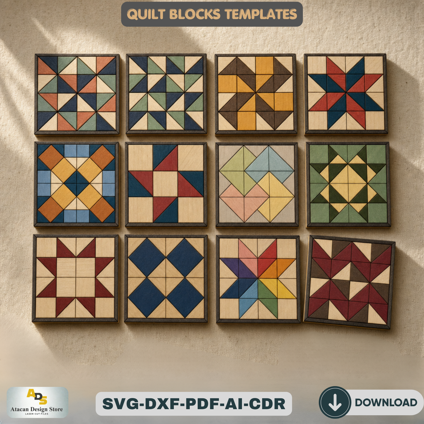 Barn Quilt Block Pattern Wall Art Template Geometric Wood Sign Farmhouse Decor Arrow Frame