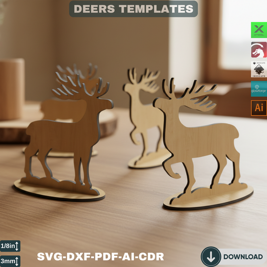 Standing Reindeer Laser Cut Template - Christmas Deer Decor SVG, DXF - DIY Wooden Holiday Craft - 4 Designs