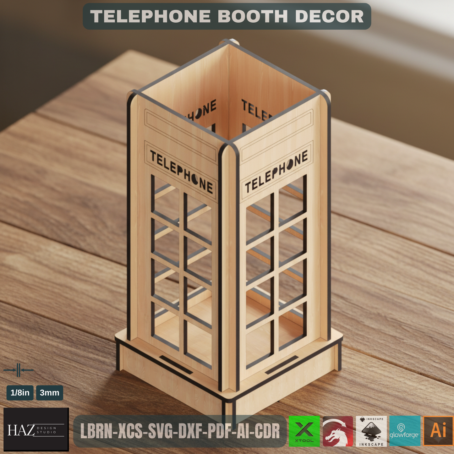 Laser Cut British Telephone Box | Tealight & Pen Holder Design | Iconic Desk Organizer File 449