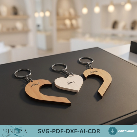 Family Puzzle Heart Keychain Laser Cut File Personalized Wooden Keychain Template Custom Anniversary Gift