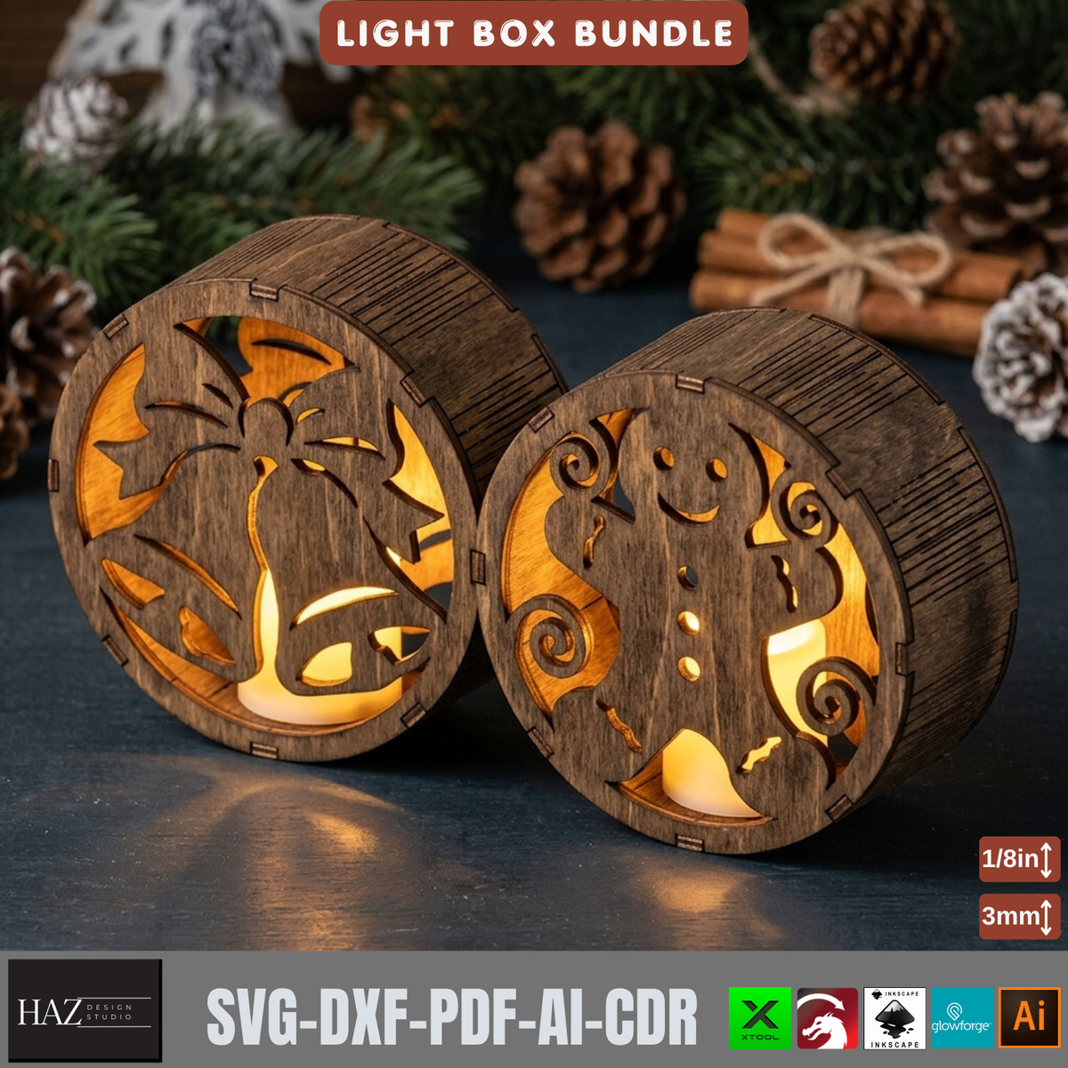 Christmas Light Box Bundle Laser Cut Vector, Wooden Tealight Lantern Template, Holiday Table Decor 578
