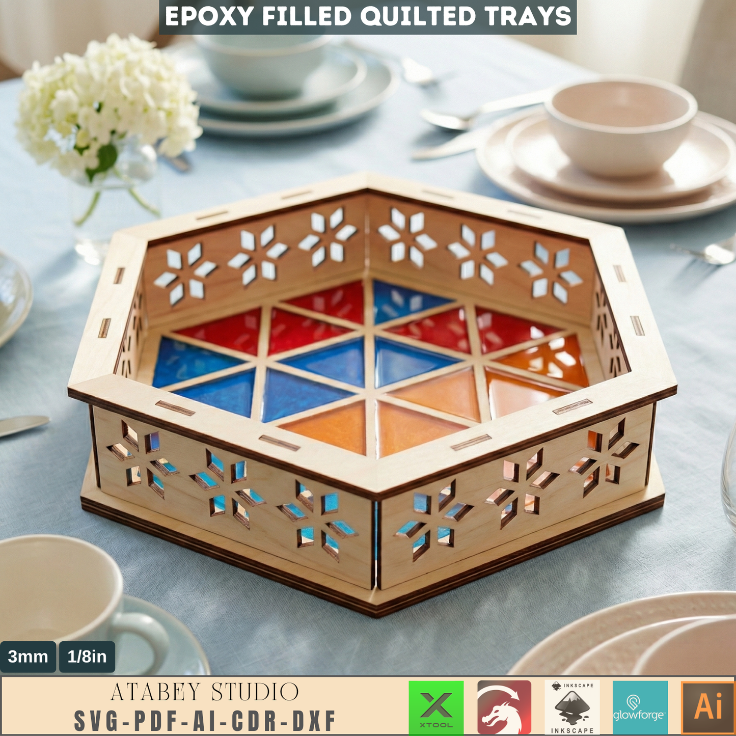 Tray Laser Cutting Templates, Epoxy Resin Filled Quilted Catchall Pattern, Hexagon Serving Dish Woodcraft Plan 991