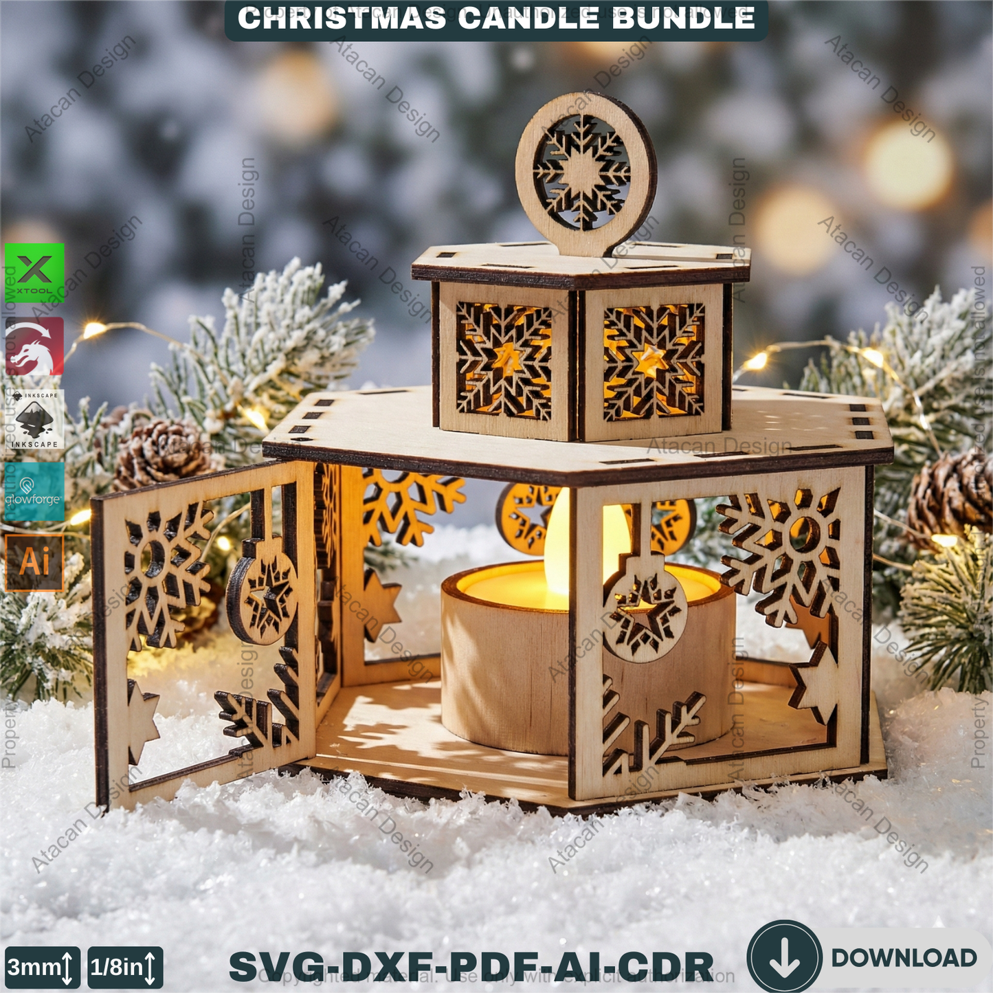 Christmas Candle Holders - Lanterns With Lid - Tealight Laser Cut Lamp Designs - Night Light Decoration 922