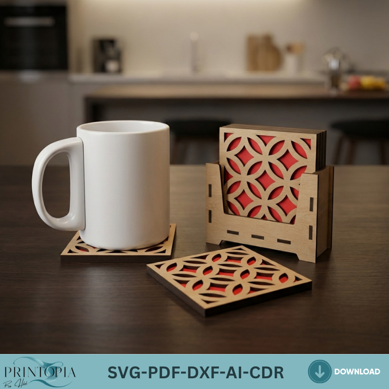 Laser Cut Coaster and Stand / Drink Coasters Holder / Box and Patterns Vector Files SVG DXF Ai CDR 361