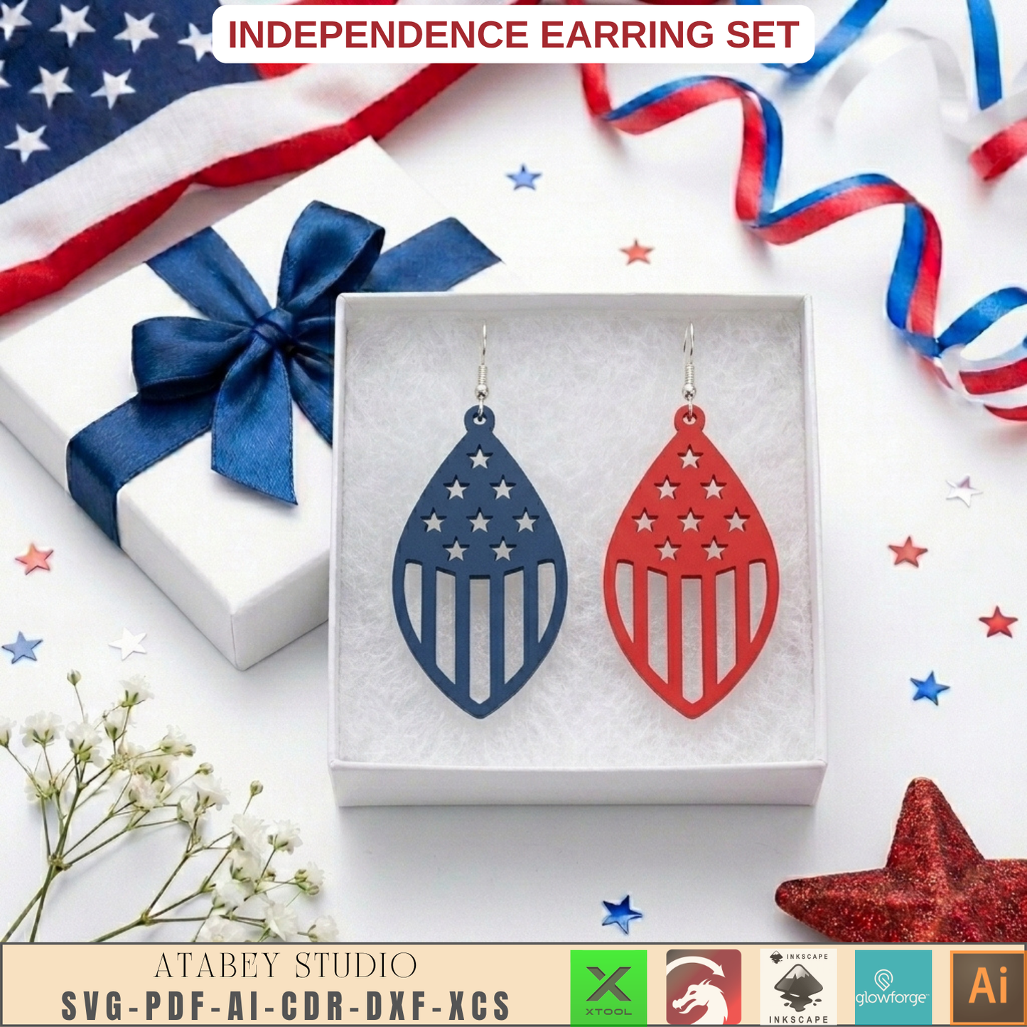 Patriotic Earring Laser Cut Template July Fourth Jewelry Design USA Flag Theme Veteran Gift