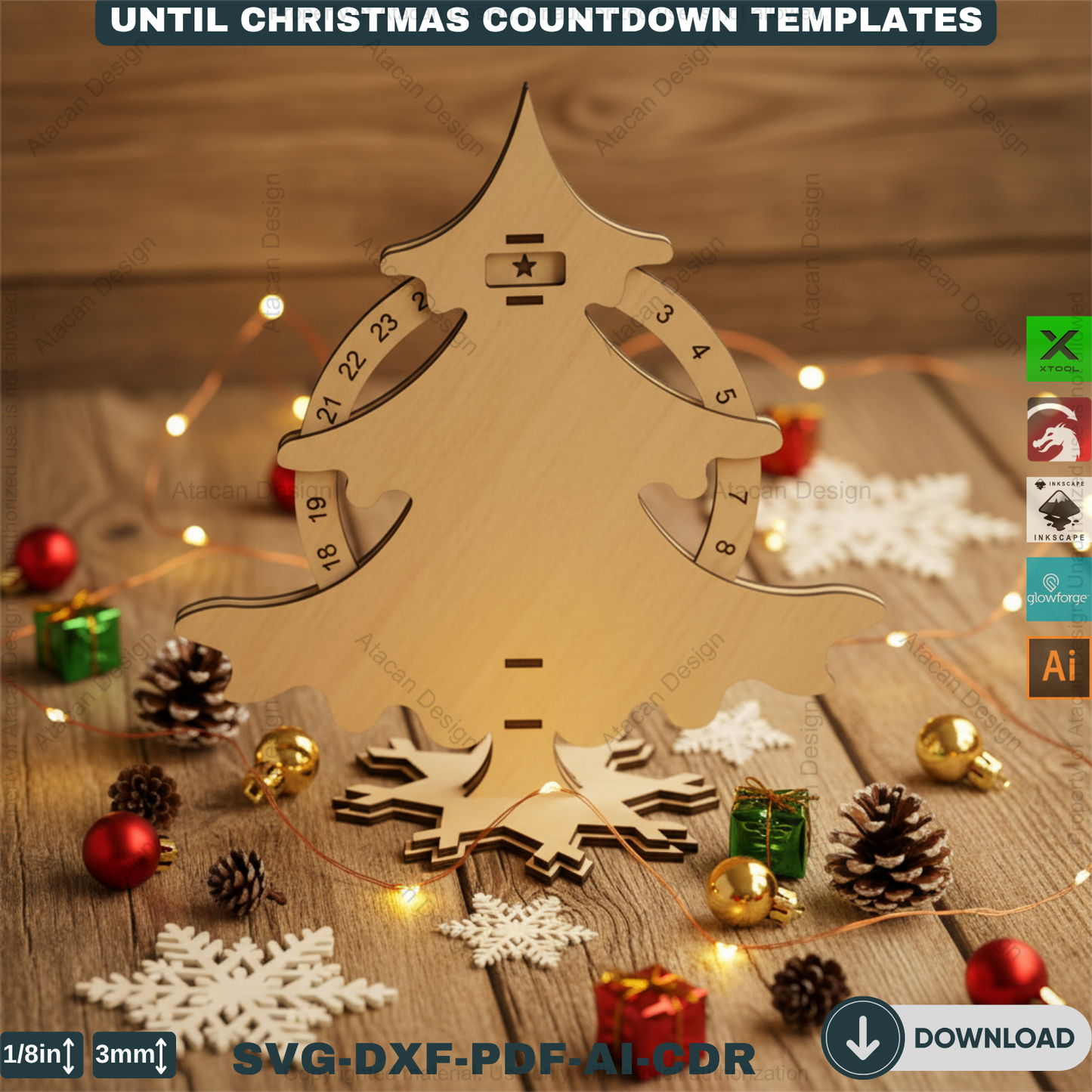 Christmas Tree Advent Calendar Laser Cut Template Bundle Wooden Countdown Stand Glowforge Xtool Files 915