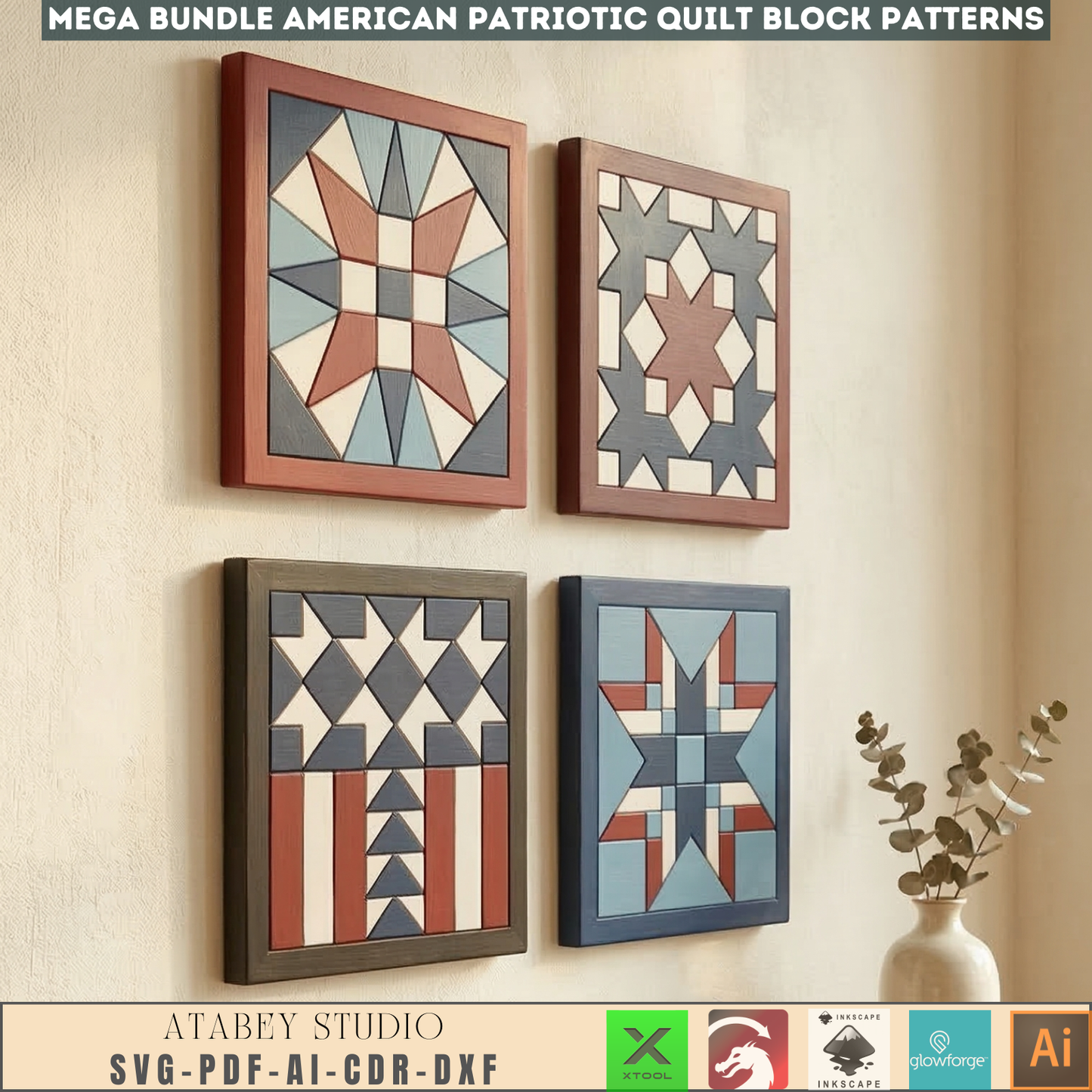 Patriotic Americana Quilt Block Wall Art Laser Cut Template Fourth of July Wooden Flag Pattern 999