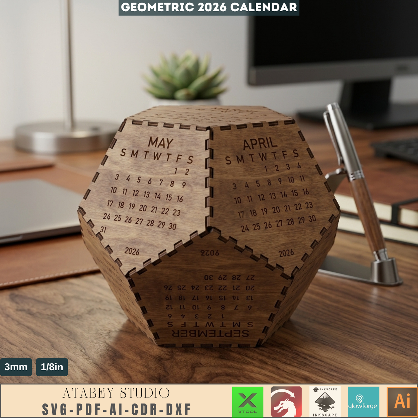 2026 Dodecahedron Desk Calendar LaserCut Wooden Geometric 12 Sided Calendar 3D Desktop Decor