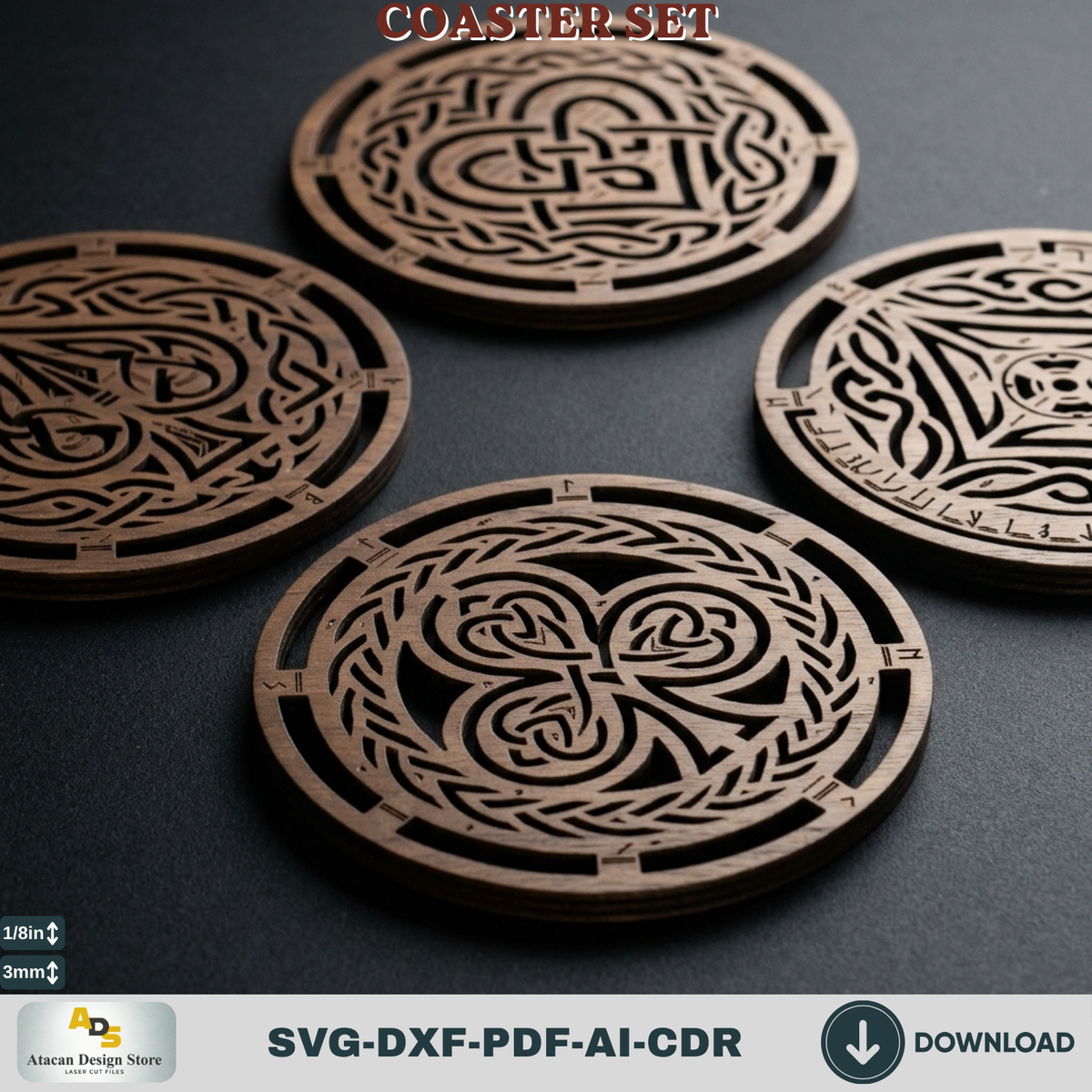 Norse Rune Coaster Template with Stand, Celtic Card Suit Drink Coasters, Laser Cut Bar Gift Bundle