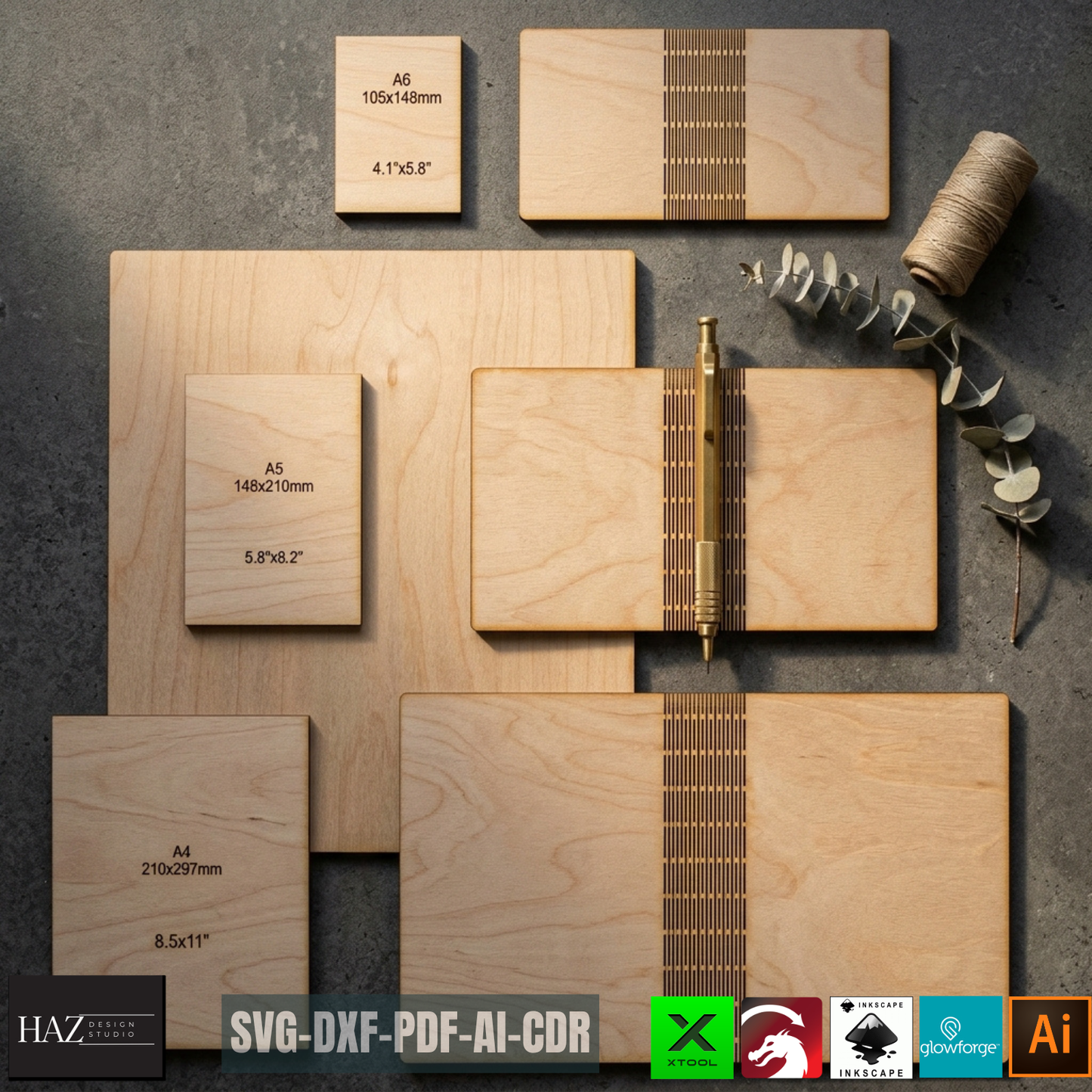 Wooden Laser Cut Book Cover Templates A4 A5 A6 Living Hinge Journal Notebook Case Design