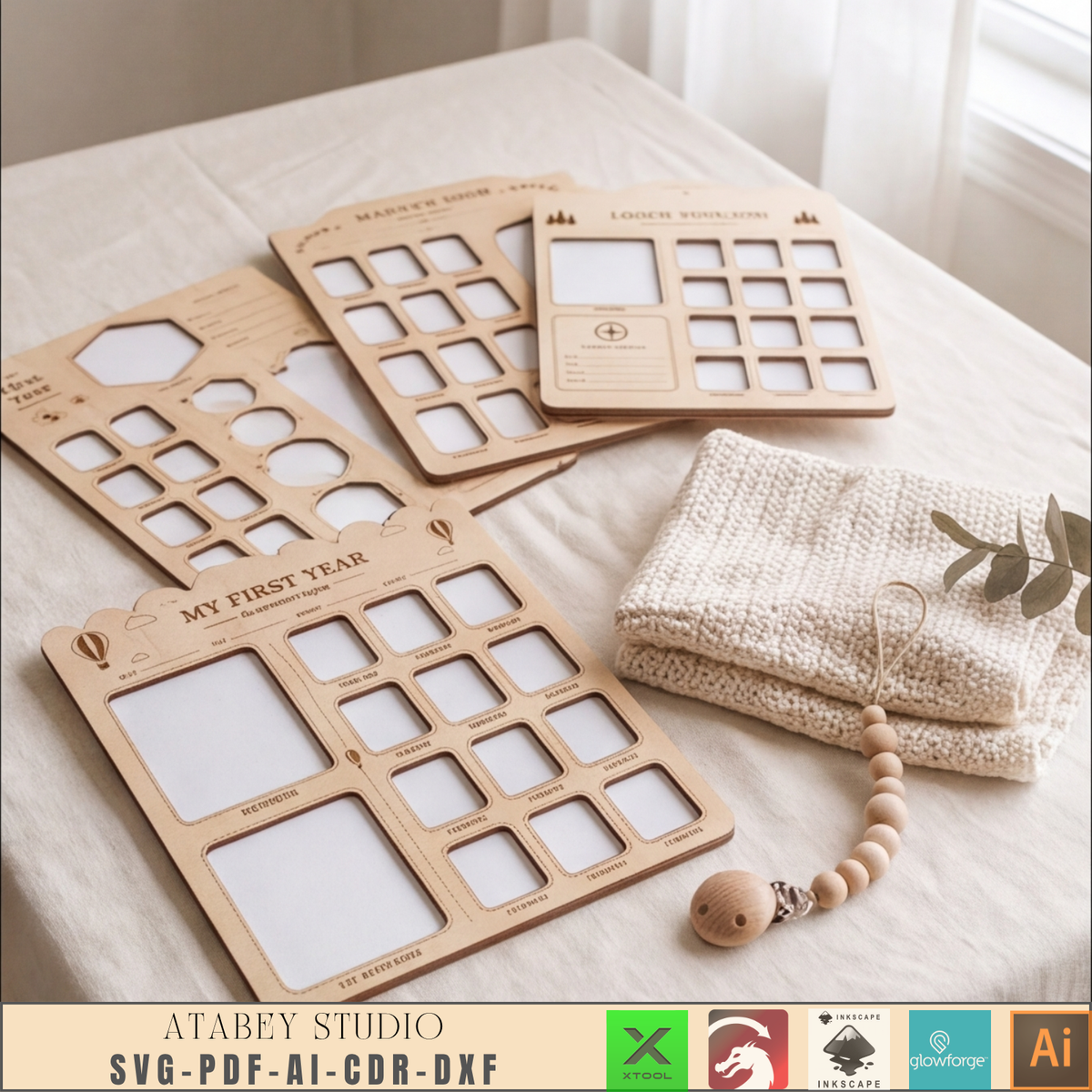 First Year Milestone Photo Board Collection – 7 Themed Laser Cut Templates