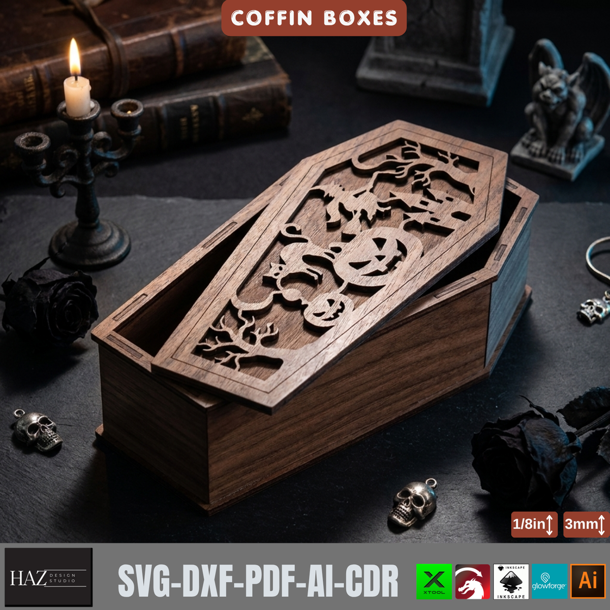 Halloween Coffin Box Laser Cut Template, Gothic Wood Keepsake Casket Pattern, Trick or Treat Candy Holder, Spooky Plywood Decor