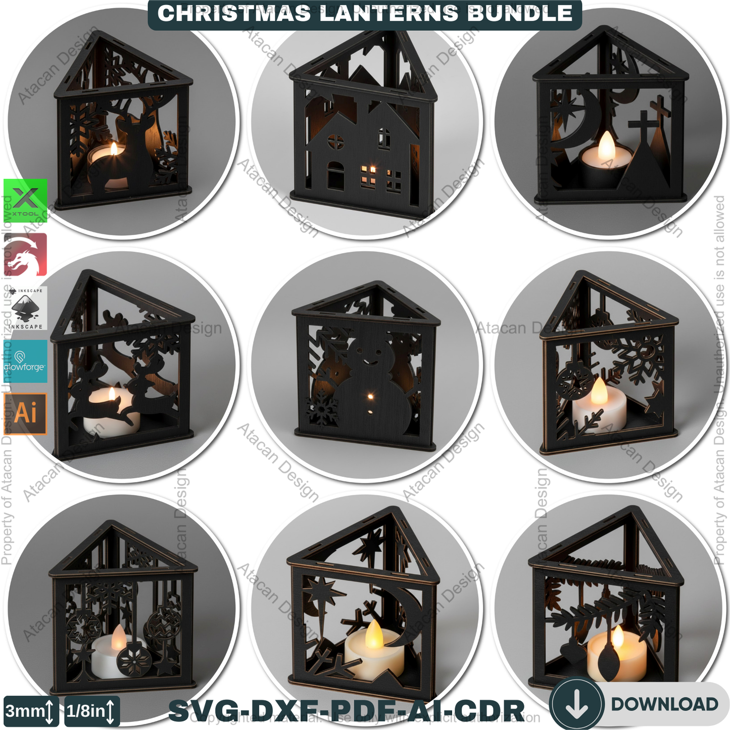 Christmas Lanterns Bundle Laser Cut Templates | Holiday Candle Box Decor | Tealight Holder Designs 930