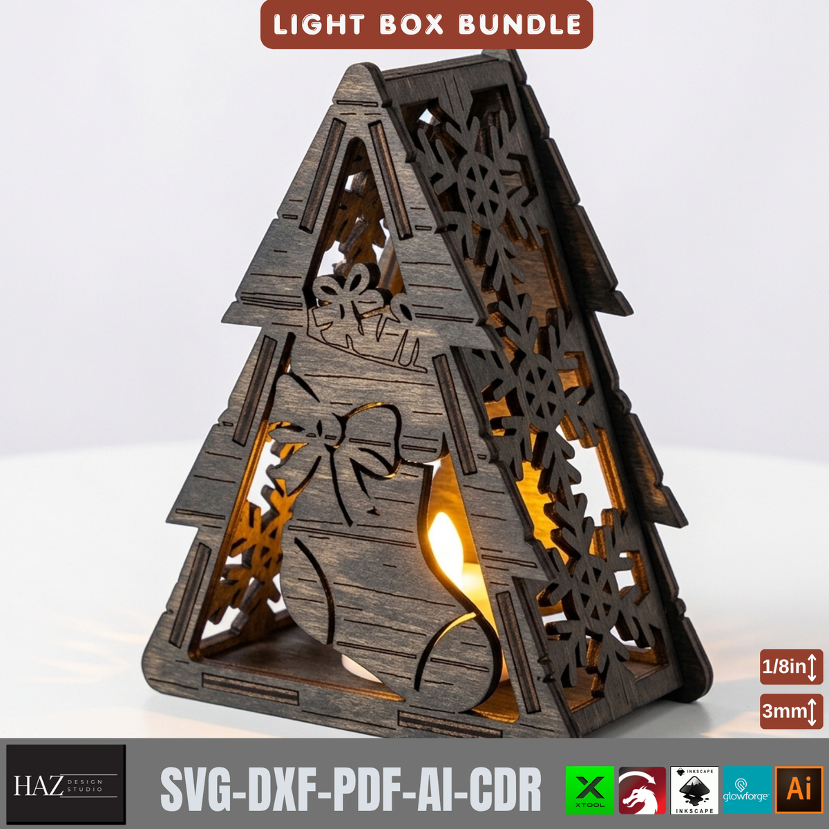 Wooden Christmas Light Box SVG Bundle, 9 Tealight Candle Holder Templates, Laser Cut Xmas Decor 580