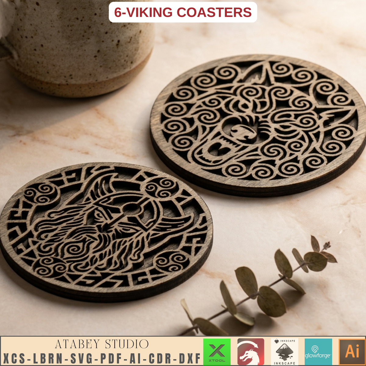 Viking Norse Coaster Laser Cut Files Raven Wolf Ship Celtic Wood Template