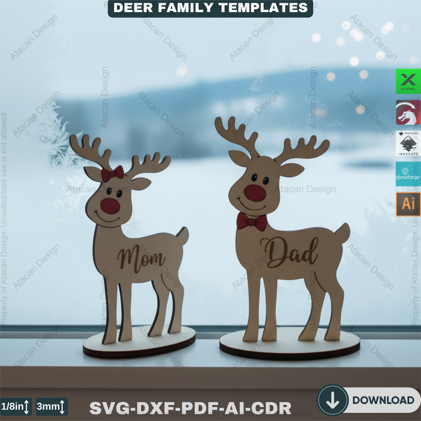 Custom Standing Reindeer Family Names Ornament, Freestanding Deer Laser Engraved Cut File, Christmas Decorations 916