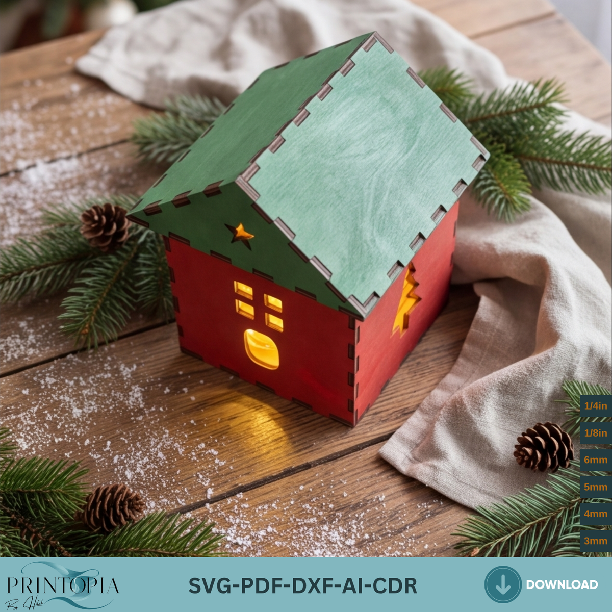 Christmas House Tealight Holder Laser Cut Template, Wooden Holiday Lanternn373