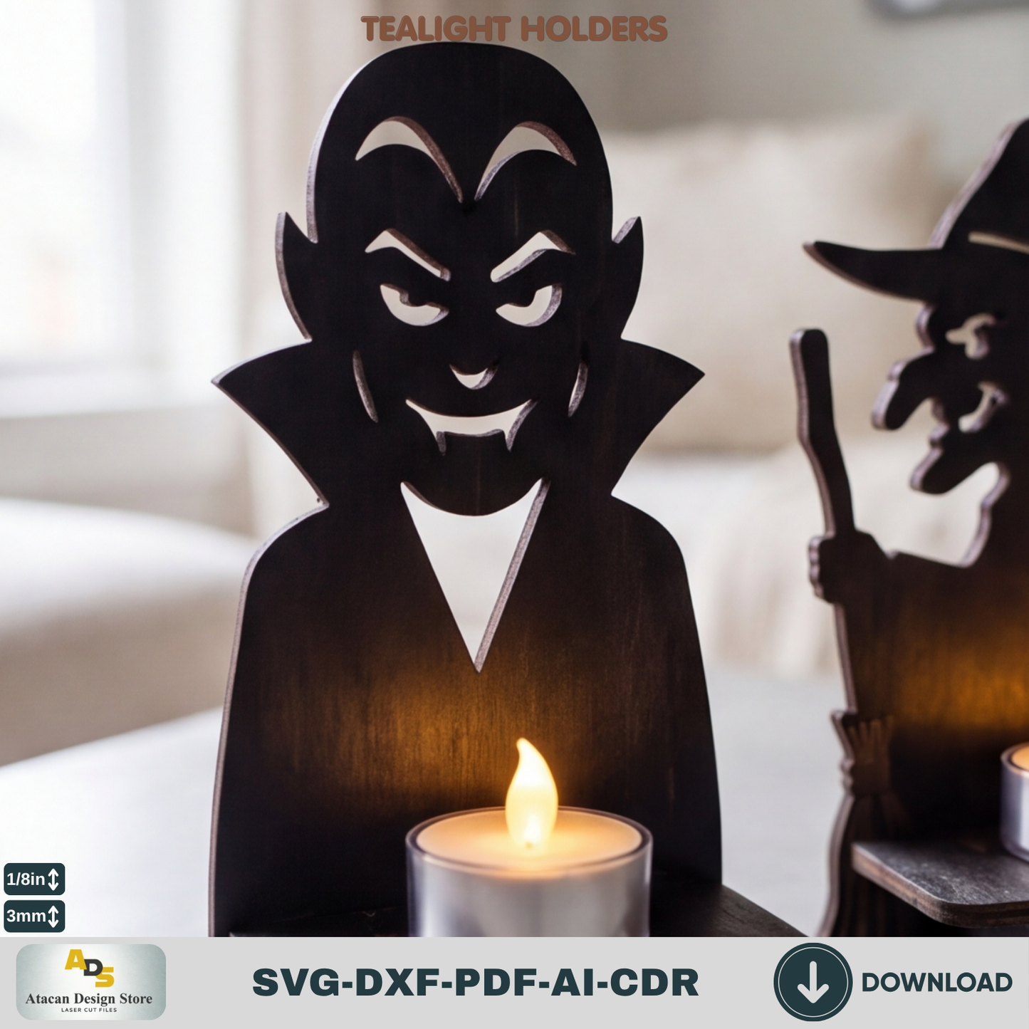 Halloween Monster Tealight Holder Laser Cut SVG Dracula Witch Frankenstein