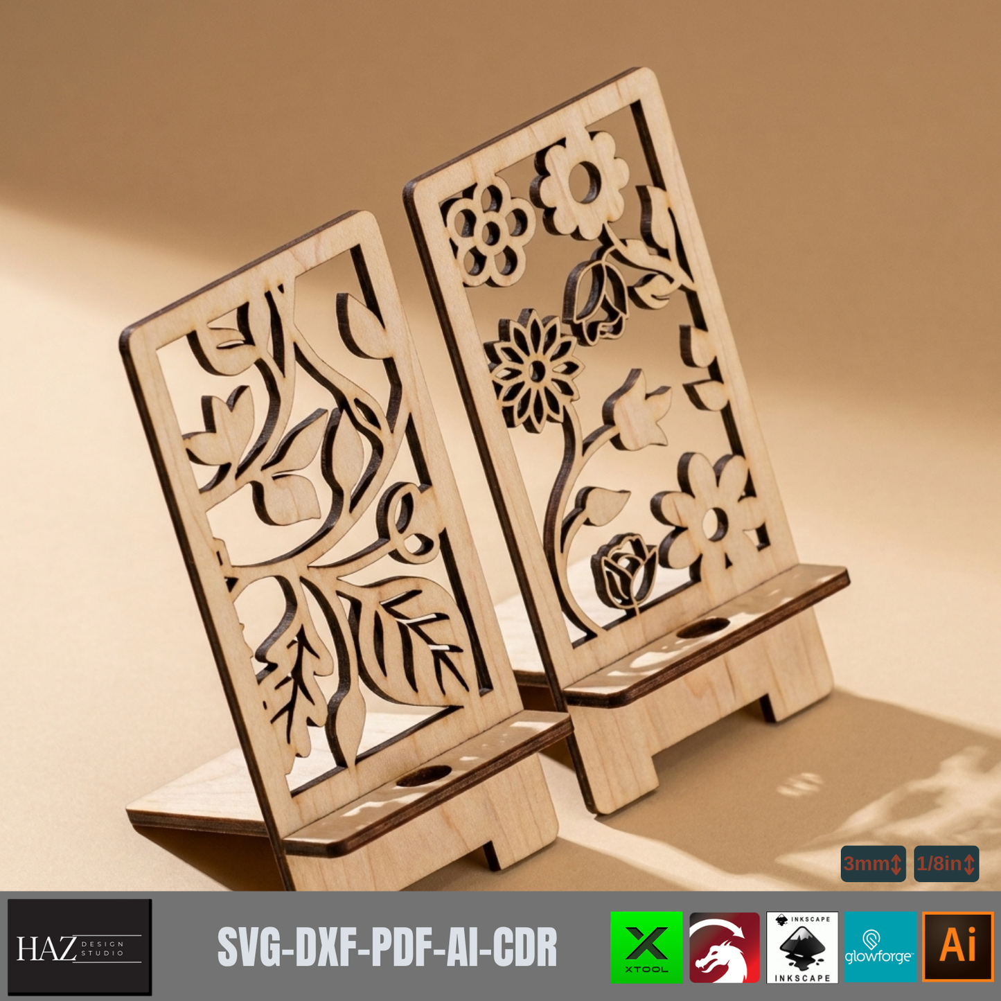 Laser Cut Floral Wooden Phone Stand Template Digital Pattern Mobile Holder Desk Accessory