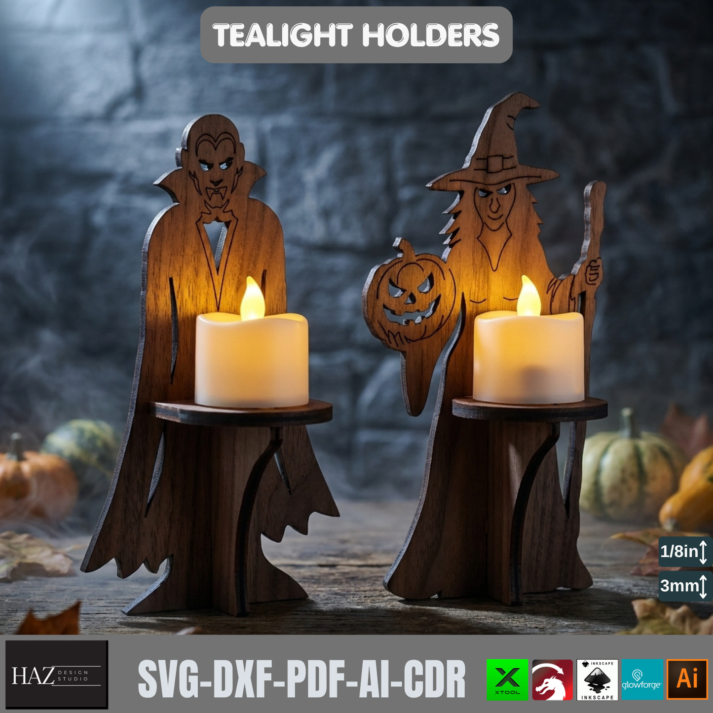 Halloween Tealight Holder Laser Cut Files Vampire Witch Candle Stand SVG 565