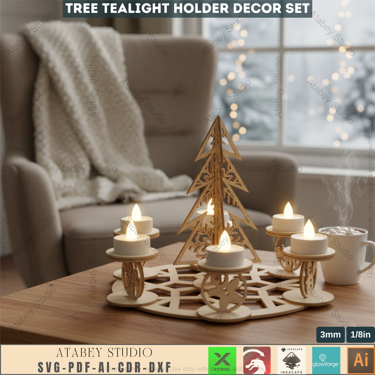 Festive Tree Lantern, Holiday Tea Light, New Year Themed Laser Cut Digital Download, Laser File Christmas Candles Tealight Holder Trees File Candle holder Christmas SVG, Christmas Snowflake trees candles Advent wreath laser file tealight  968