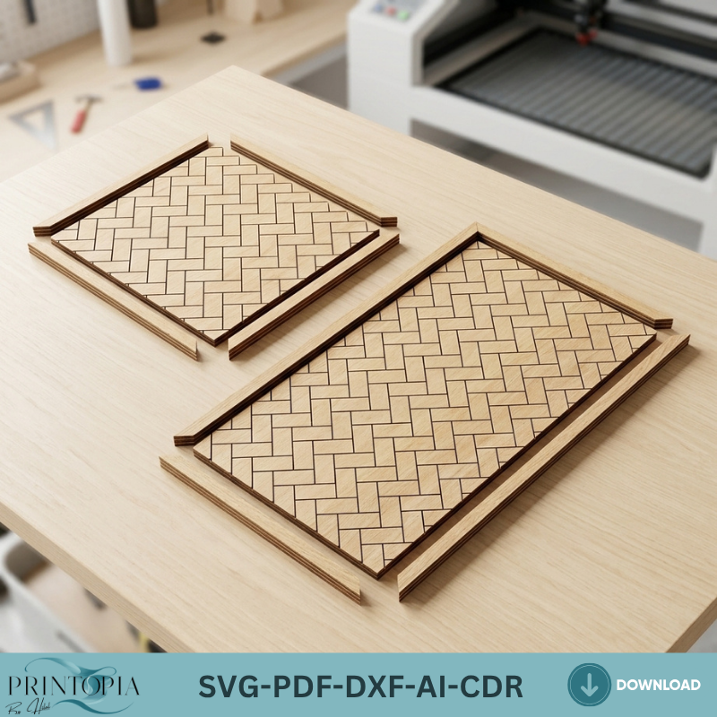 Geometric Wood Wall Art Laser Cut Files Herringbone Honeycomb Tile Patterns Frame Bundle