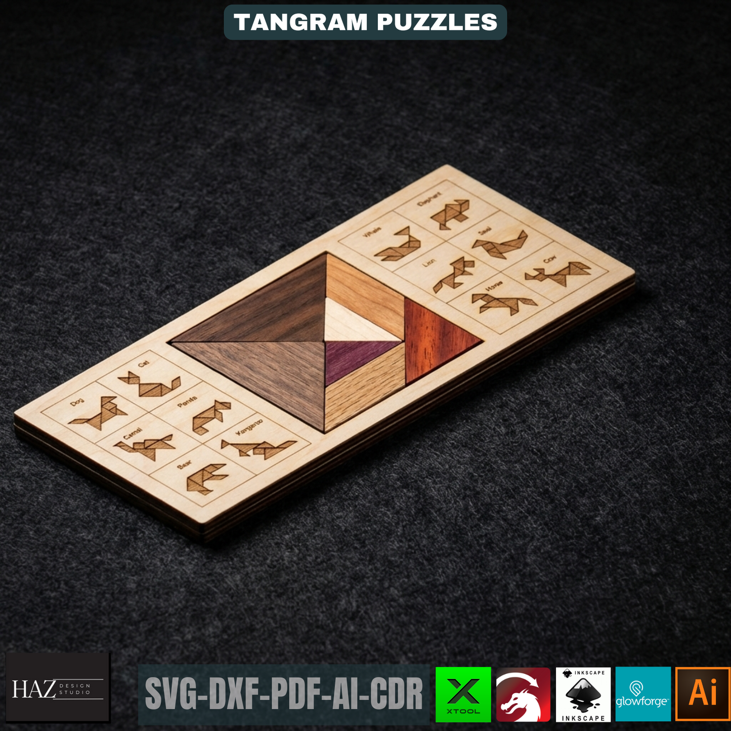 Tangram Wooden Puzzle Laser Cut Pattern Animal Shapes Intelligence Game Montessori Educational Toy for Kids DIY 516