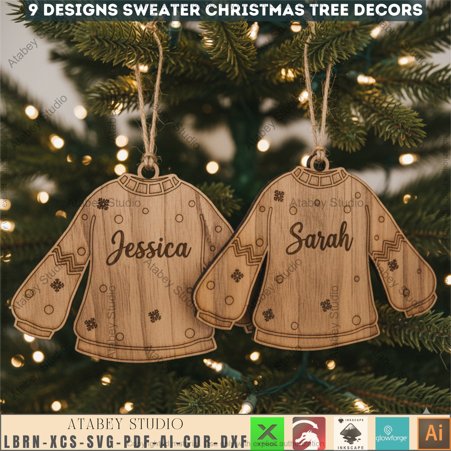 Personalized Ugly Sweater Christmas Ornament Bundle | Family Name Laser Cut Templates | DIY Xmas Decor 971