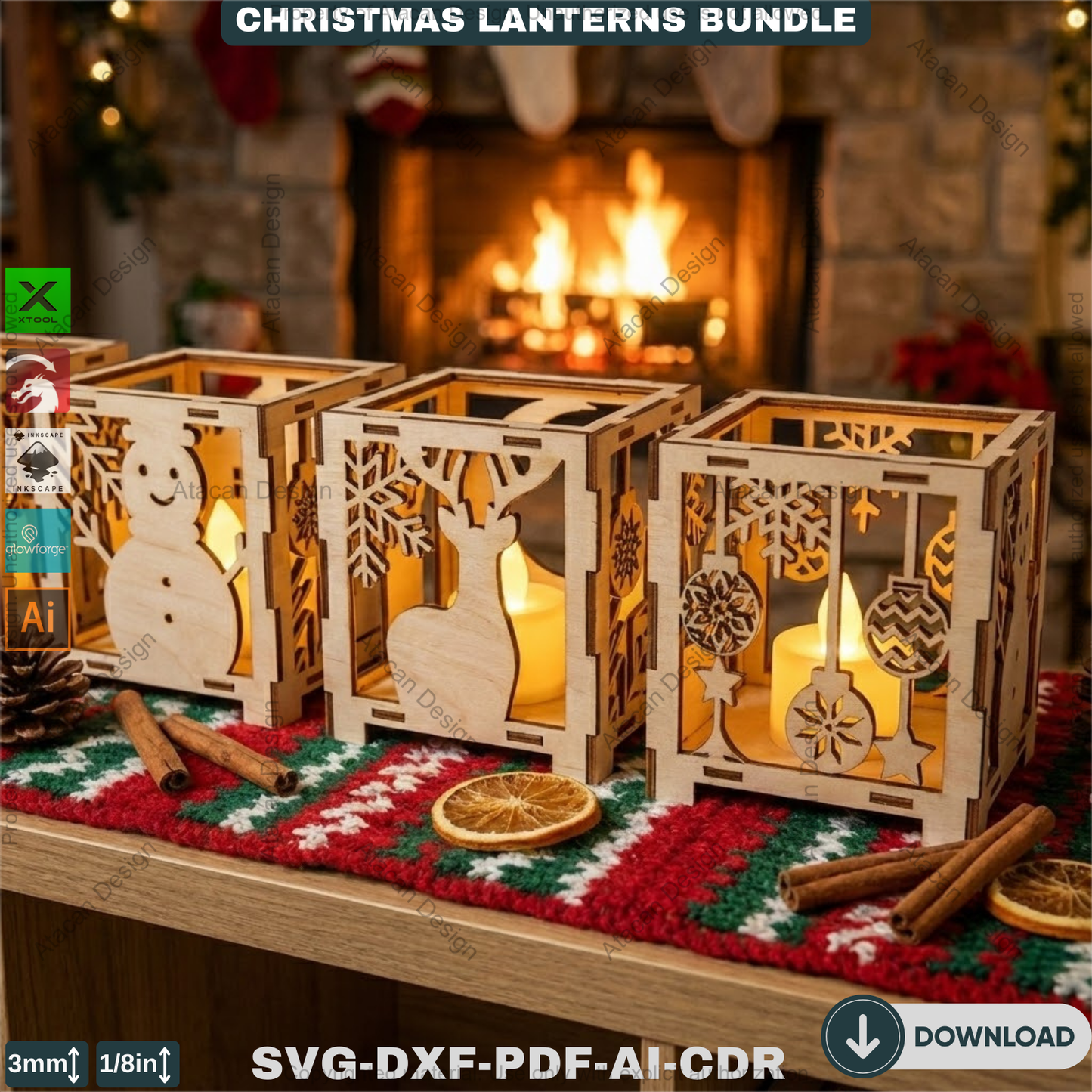 Christmas Lantern Laser Cut Bundle, Wooden Tealight Holder, Xmas Candle Box, Winter Decor, Reindeer Snowman Template 927