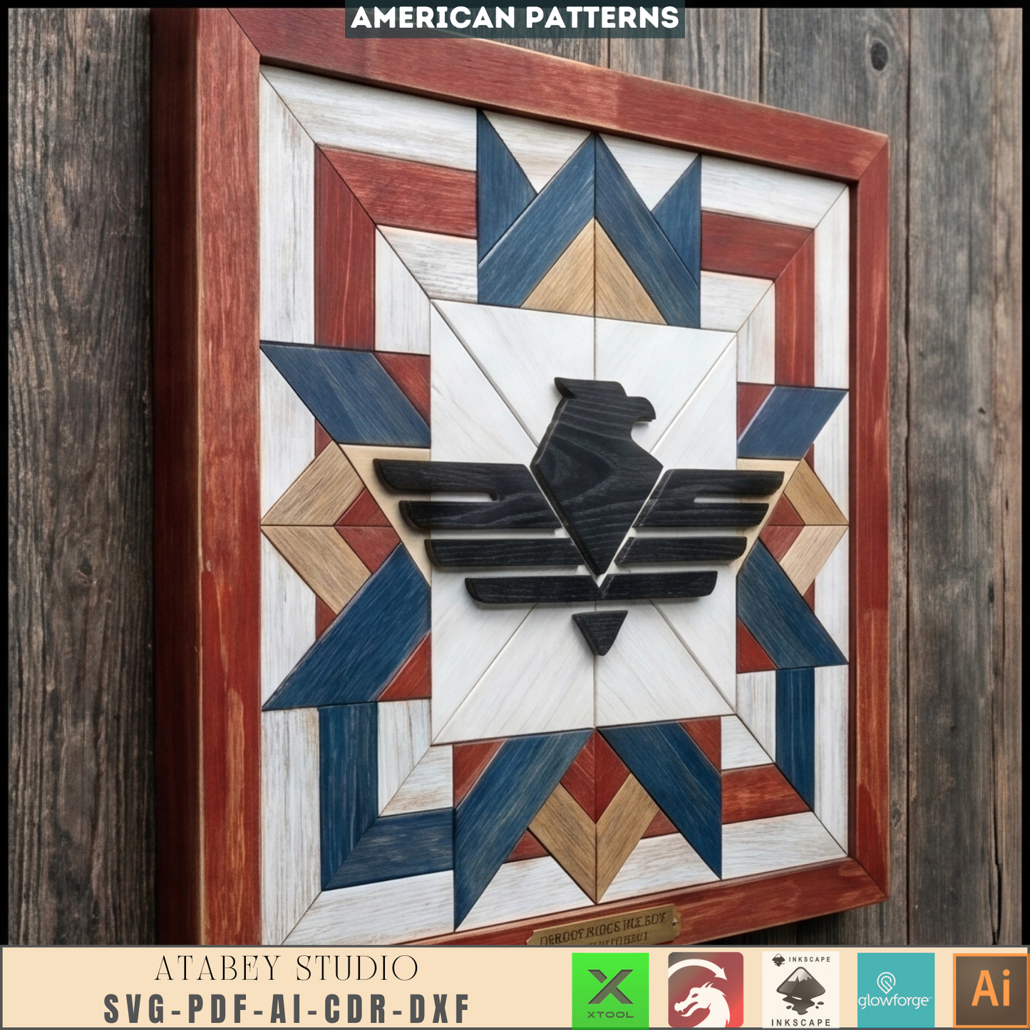 Patriot Eagle Wood Barn Star Quilt Wall-Art American Flag Pattern Mosaic Plywood Block Sign