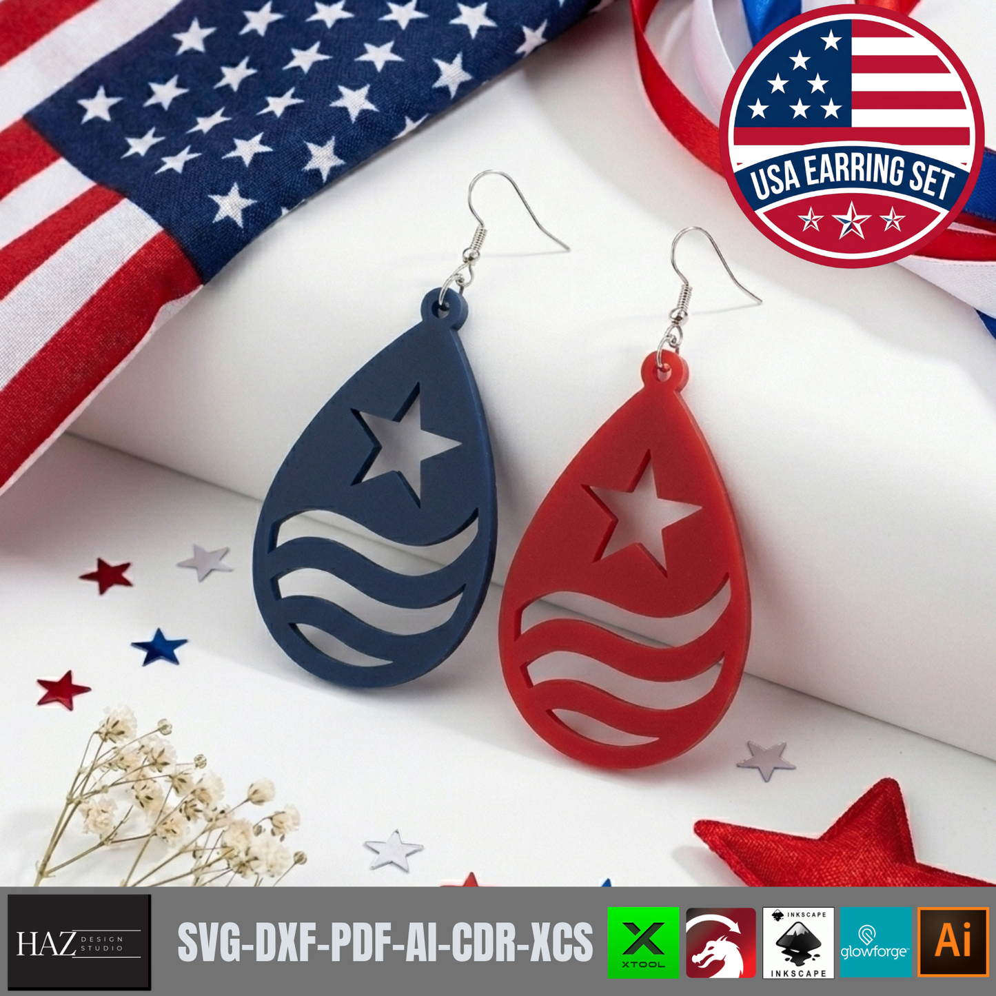 USA Flag Earring SVG Bundle, 4th of July Laser Cut File, Patriotic Acrylic Earring Template, Veteran Gift
