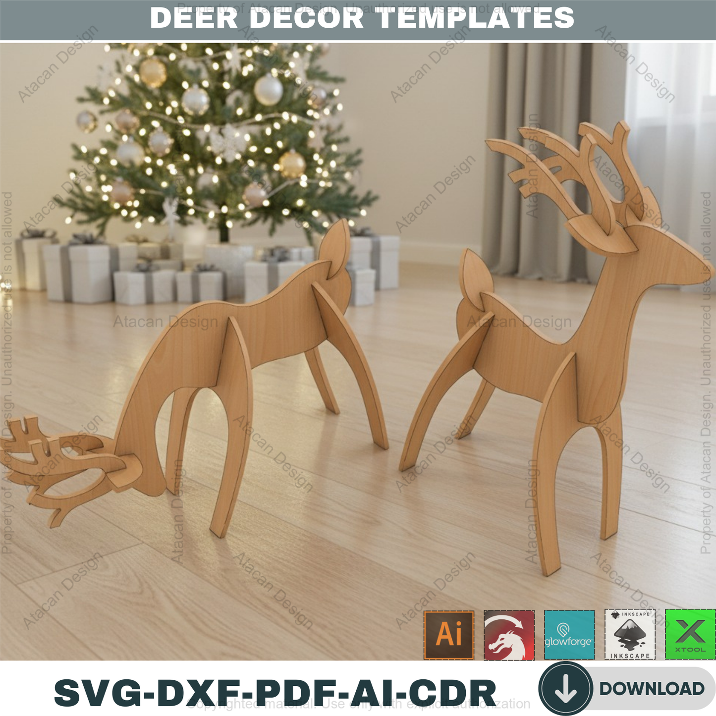 Christmas Deer Laser SVG Cutting Template / Wooden Reindeer DXF Cnc files / Glowforge Digital Download 126