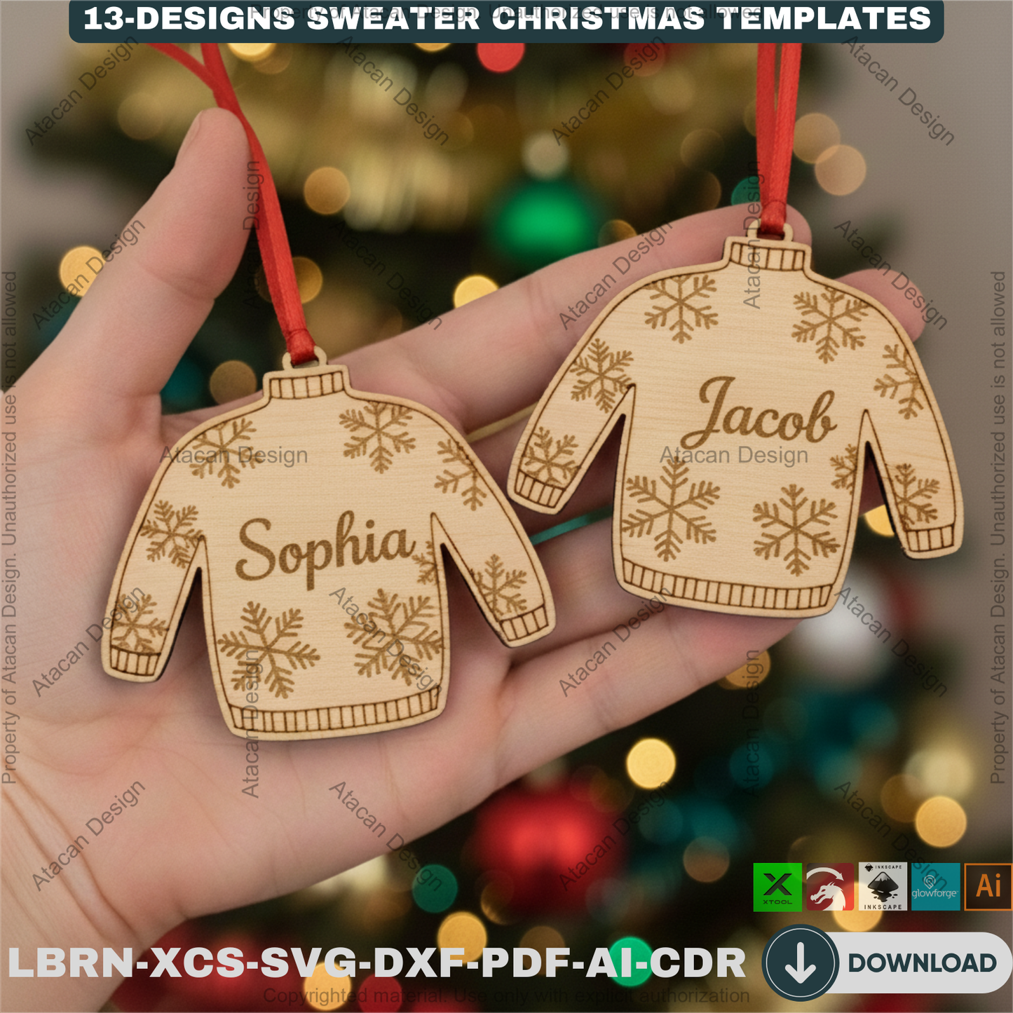 Personalized Sweater Christmas Ornament Bundle | 13 Holiday Designs | Laser Cut Template Set for DIY Xmas Gifts 918