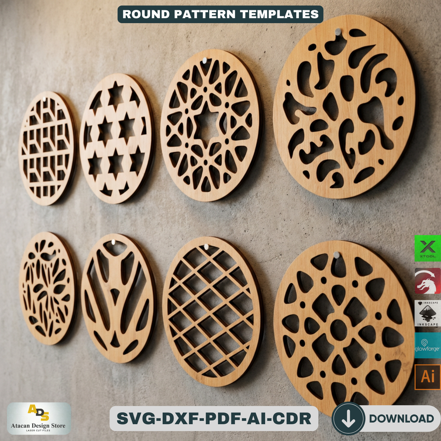 40 Coaster Svg Bundle, Wall Hanging laser cutting file, Laser Cut Vector Files, Coaster Templates 506