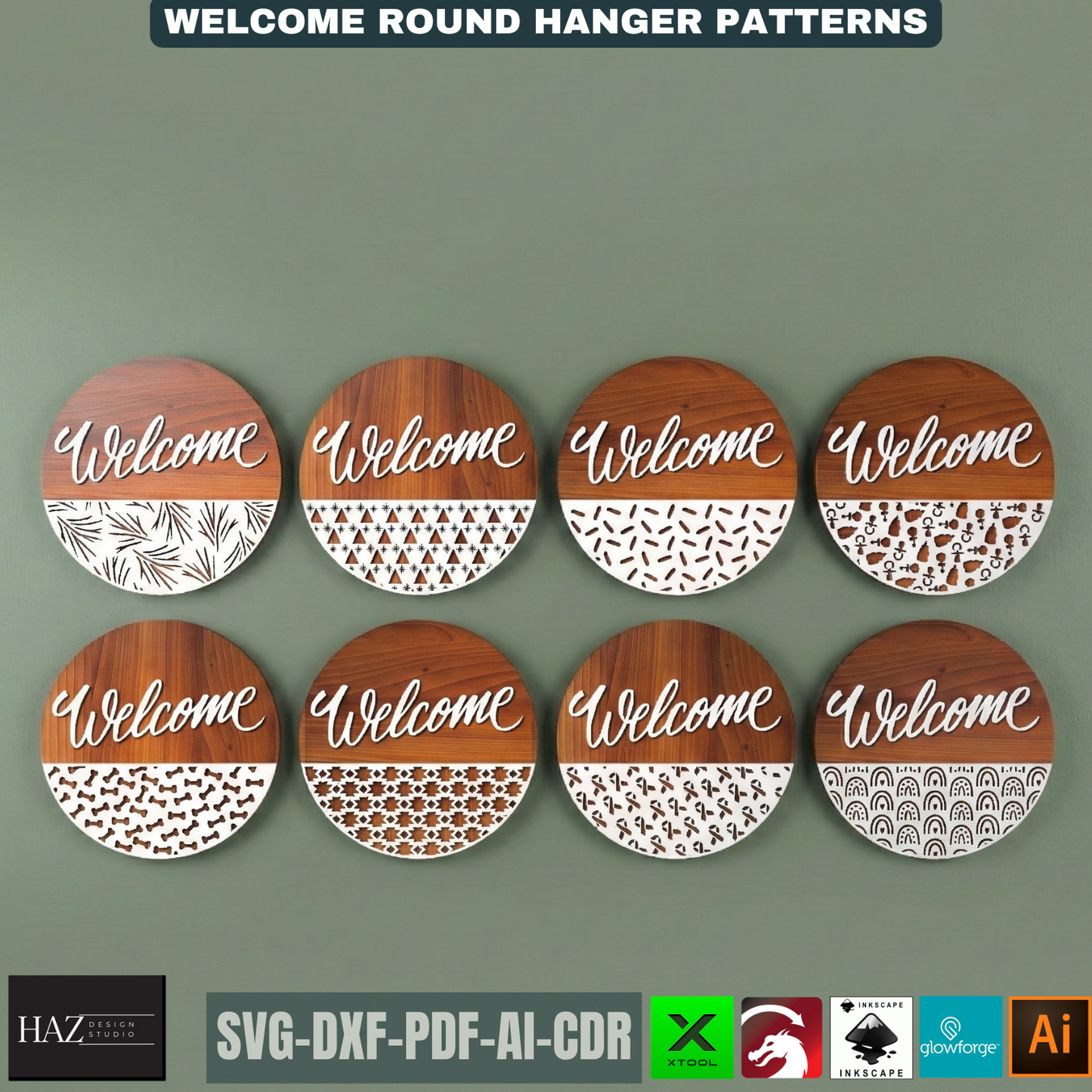 Round Welcome Sign Bundle Laser Cut Door Hanger Patterns, Front Door Decor Templates, Circle Wall Art Designs For Woodworking Projects 510