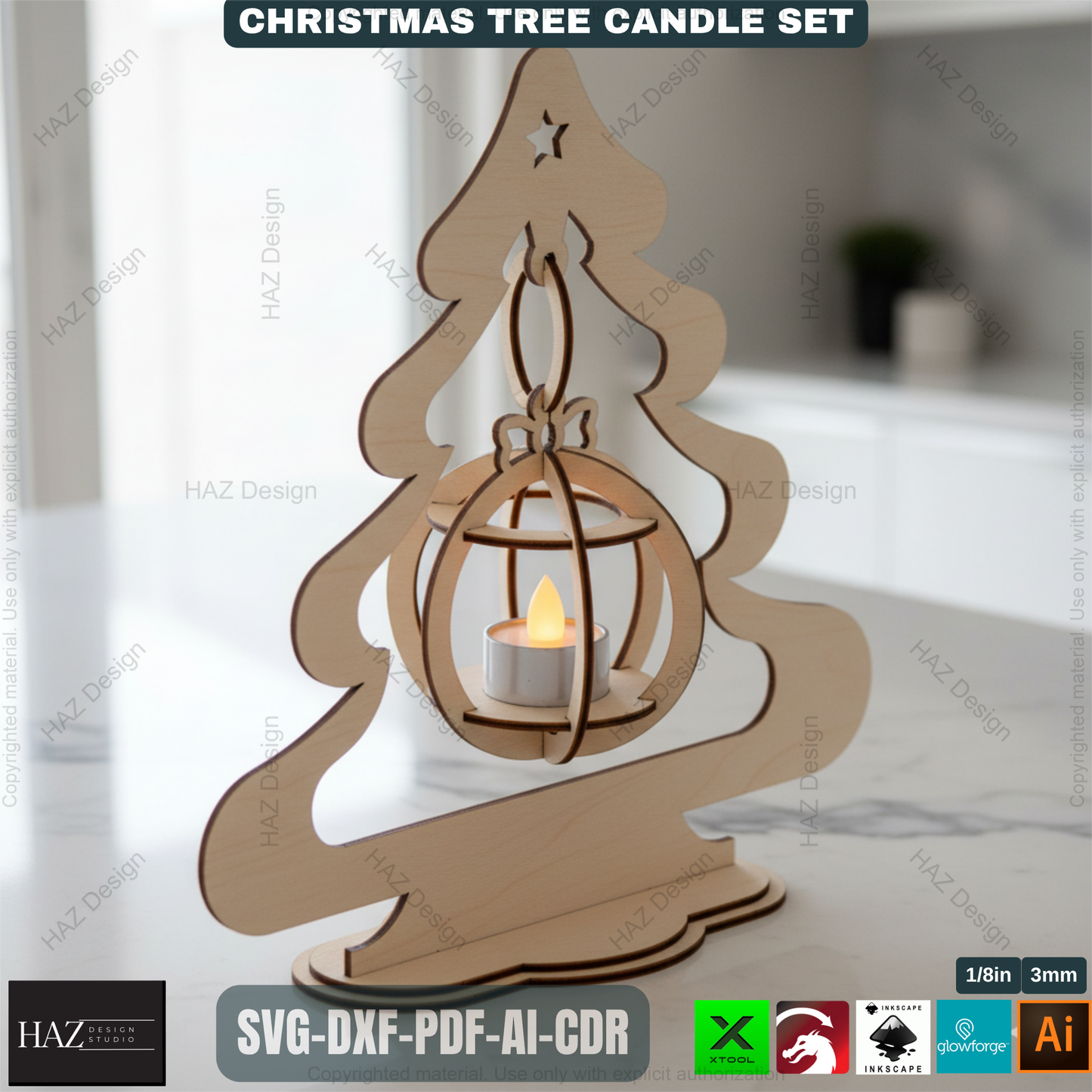 Title: Christmas Tree Tealight Holders Laser Cut Files Wooden Ornament Candle Stands Xmas Decor Templates Glowforge Xtool SVG 494