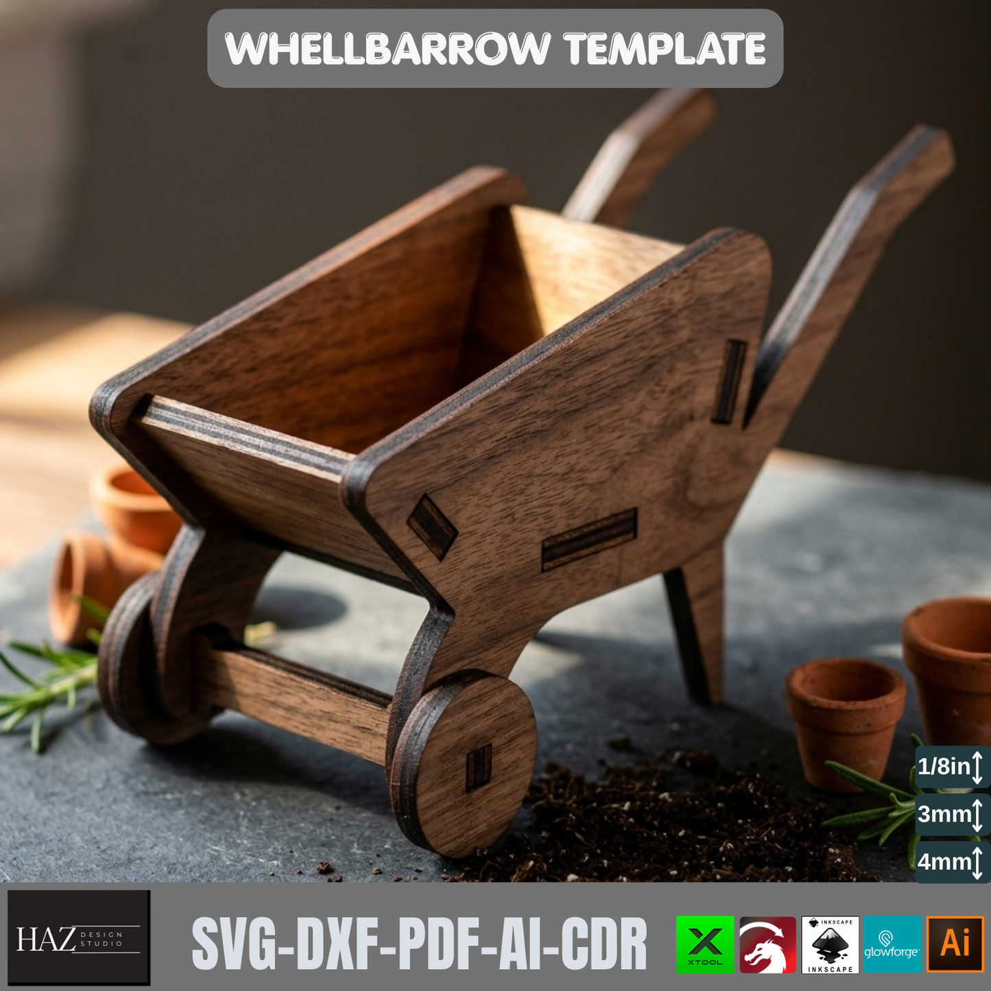 Wheelbarrow Planter Laser Cut File SVG DXF Garden Cart Miniature Wood Decor