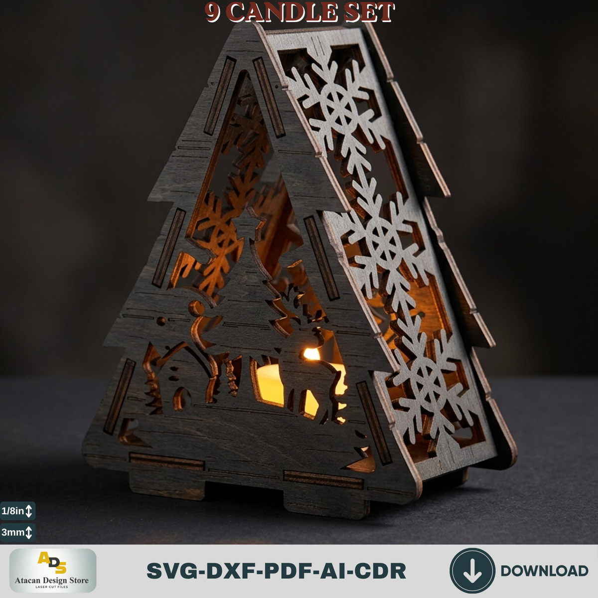 Laser Cut Christmas Lantern Bundle, Tealight Holder Template Set of 9, Snowflake Reindeer Gnome