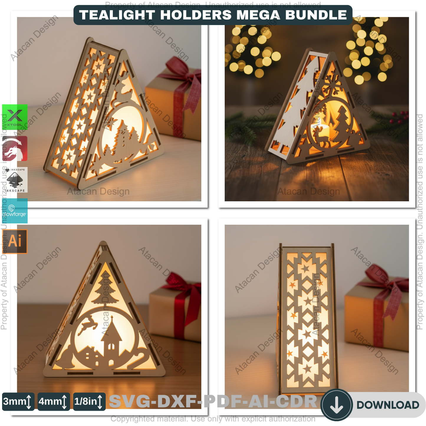 Christmas Pyramid Candle Holder Bundle Laser Cut Template Tealight Lantern Designs Winter Wood Decor Night Lights 919