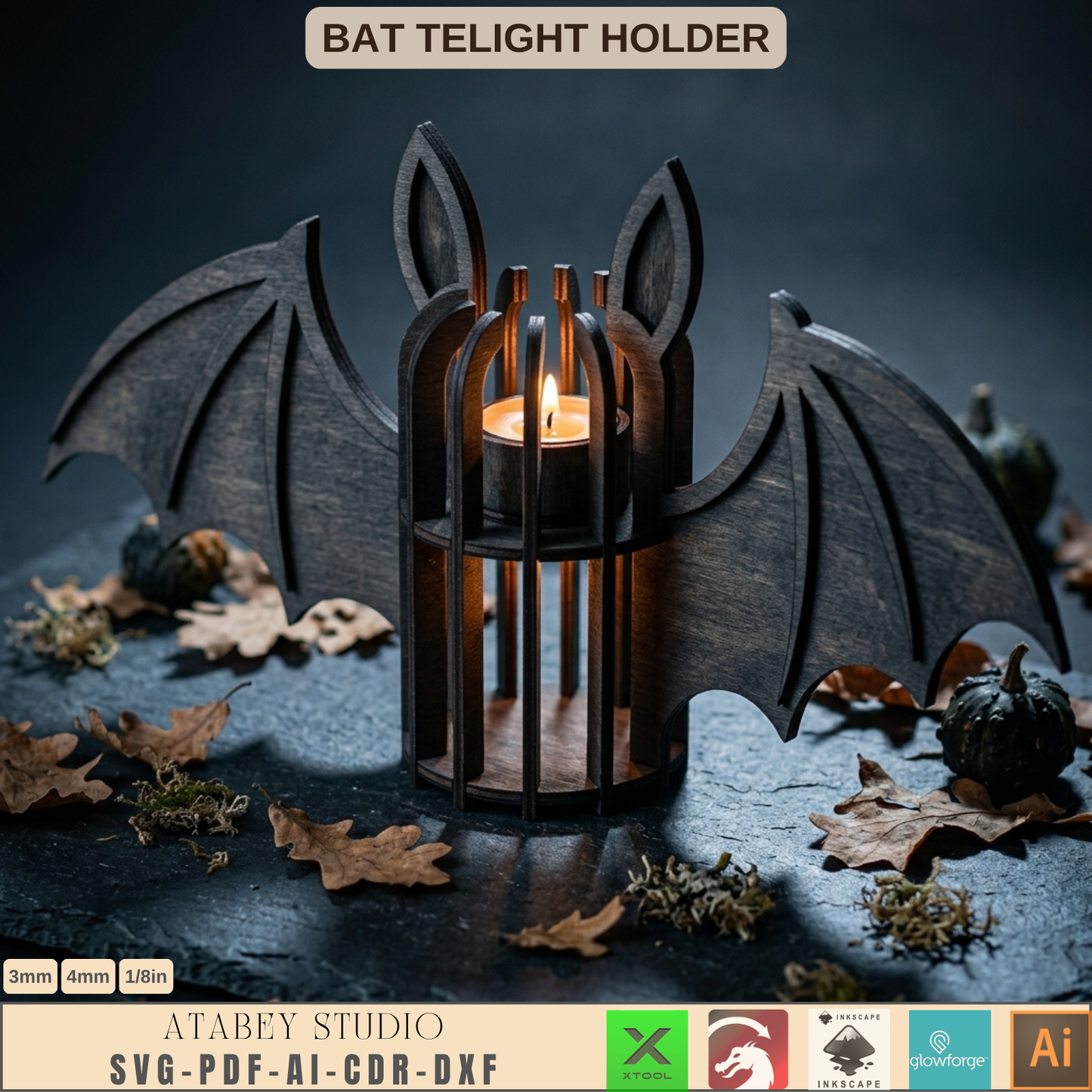 Halloween Bat Tea Light Holder Laser Cut File Wooden Lantern SVG Template