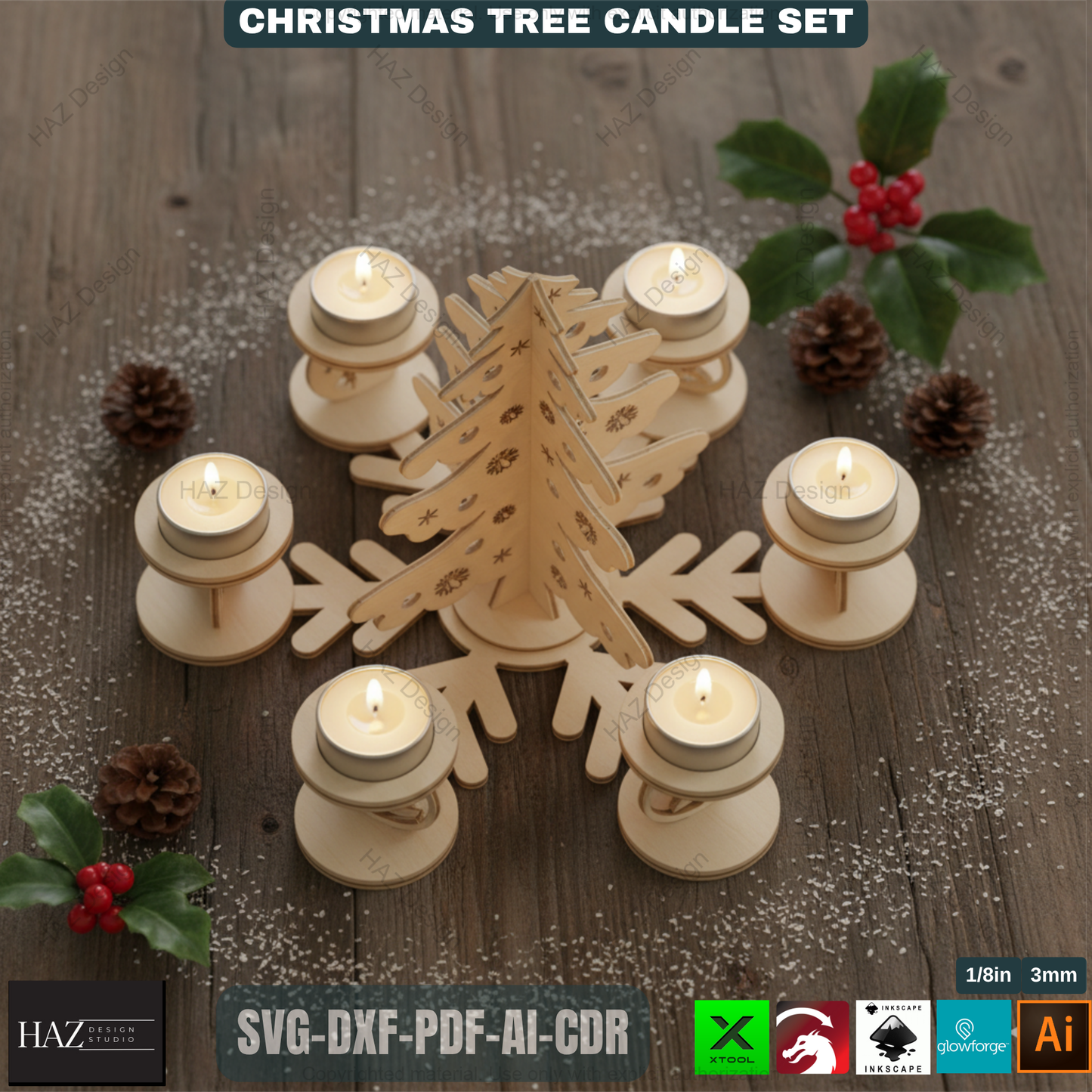 3D Christmas Tree Candle Holder Template, Festive Laser Cut Tea Light Stand, Holiday Advent Wreath Decor 495