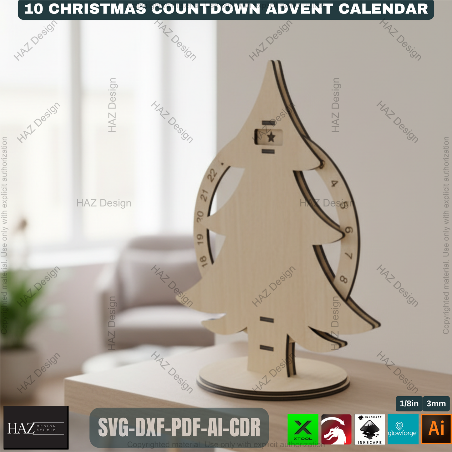 Festive Countdown Advent Calendar Laser Cut Files, Wooden Christmas Decor Template for Glowforge & Xtool, Holiday Craft Project 498