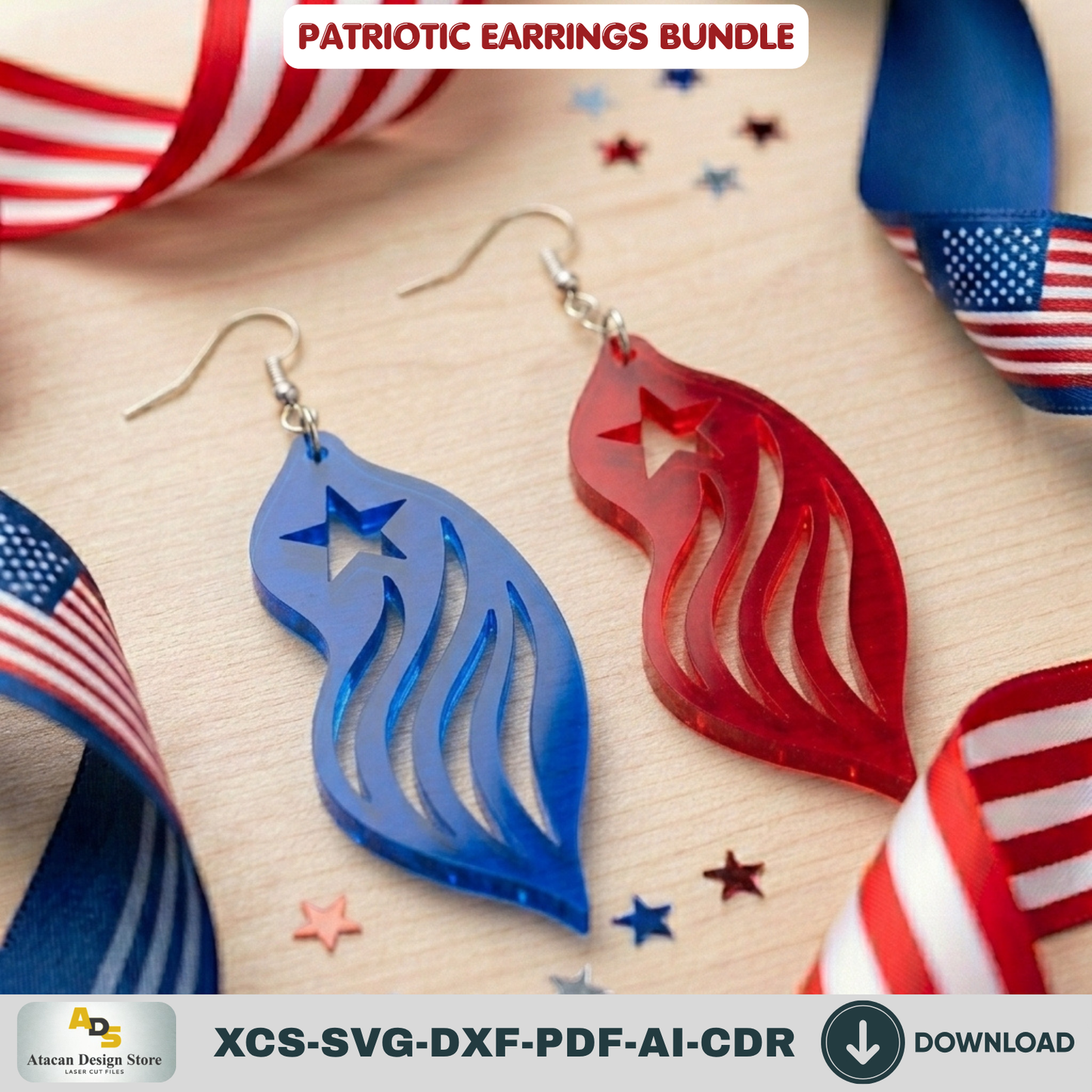 Patriotic Earrings Laser Cut Bundle, 4th of July USA Flag Acrylic Jewelry Template, Veteran Gift Design