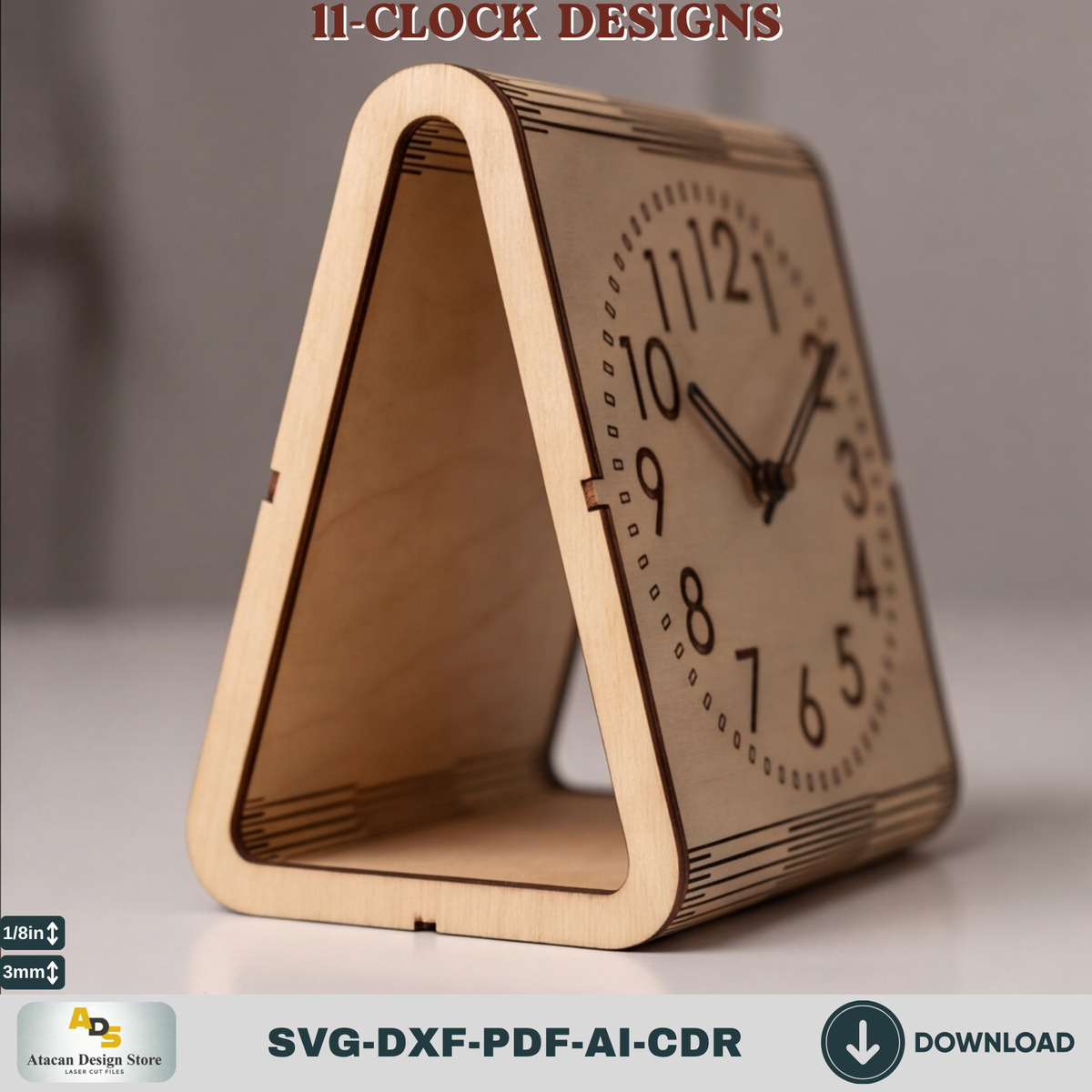 Laser Cut Plywood Desk Clock Pattern, Bent Wood Mantel Clock Template, Glowforge xTool Ready 987