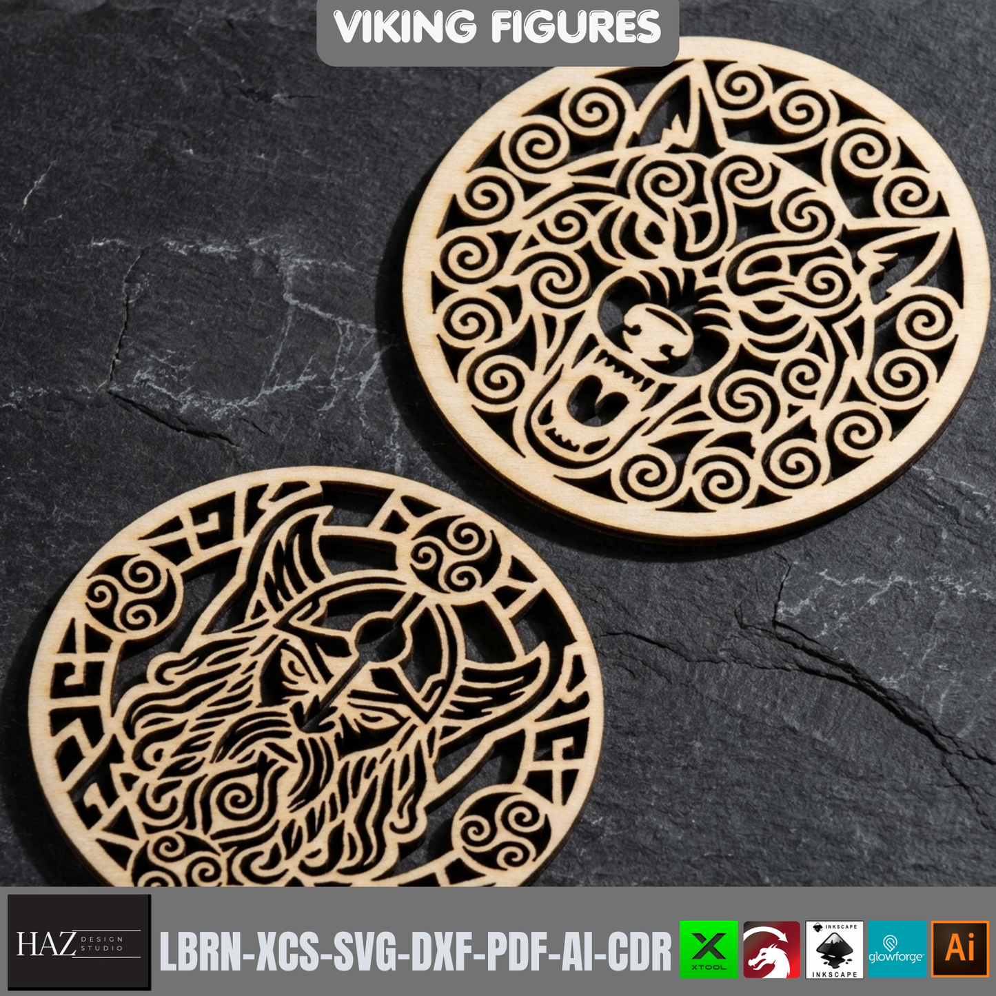 Viking Figures Laser Cut Round Coaster Wood Cutting Template SVG Files