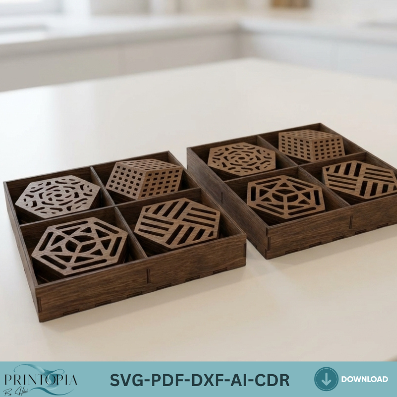Geometric Laser Cut Coasters and Box Design Modern Wood Coaster Set Bundle